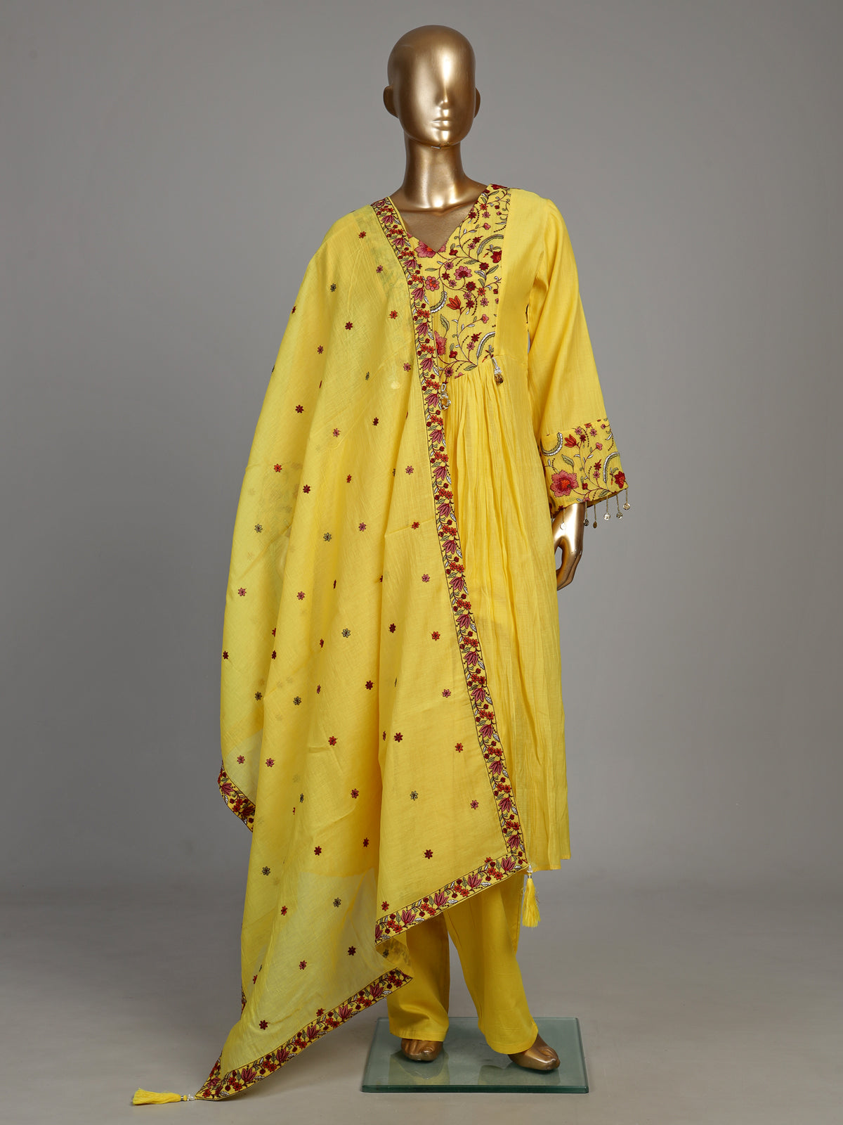 Mustard yellow viscose anarkali suit with floral embroidery