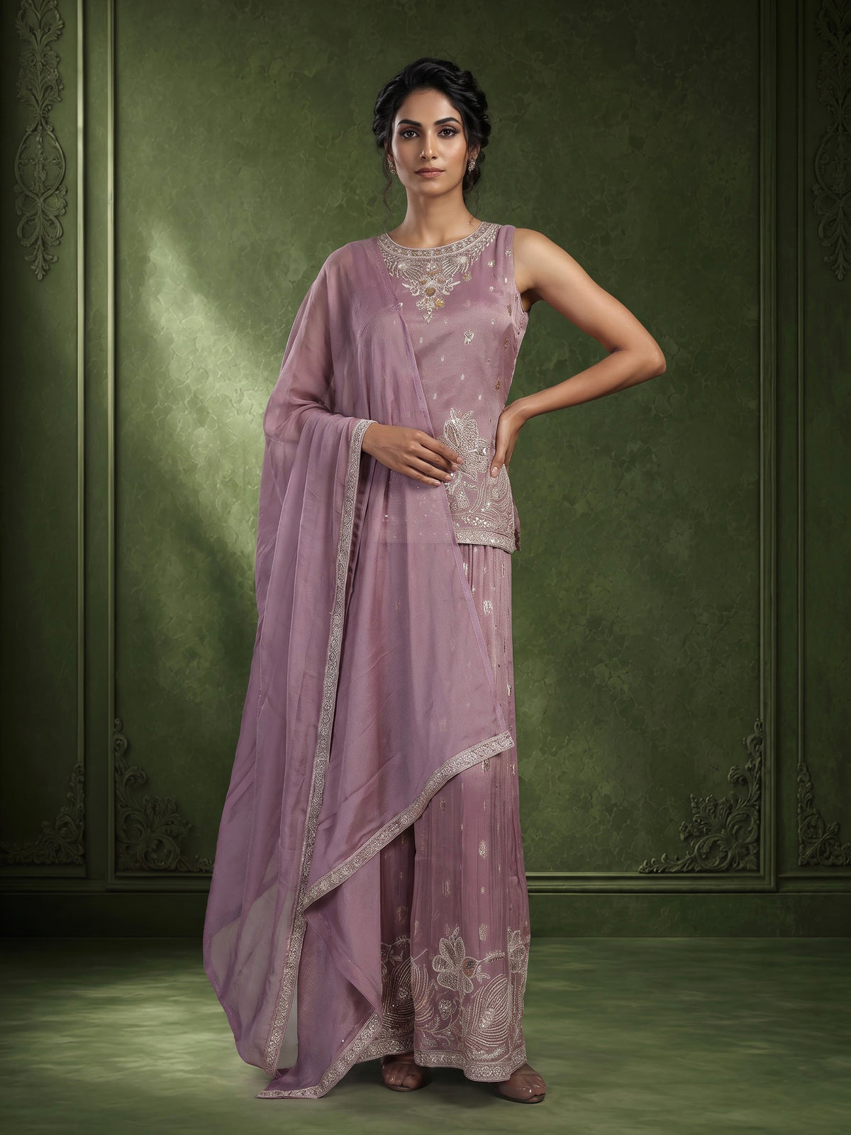Lavender purple tissue georgette palazzo suit with pearl detailing
