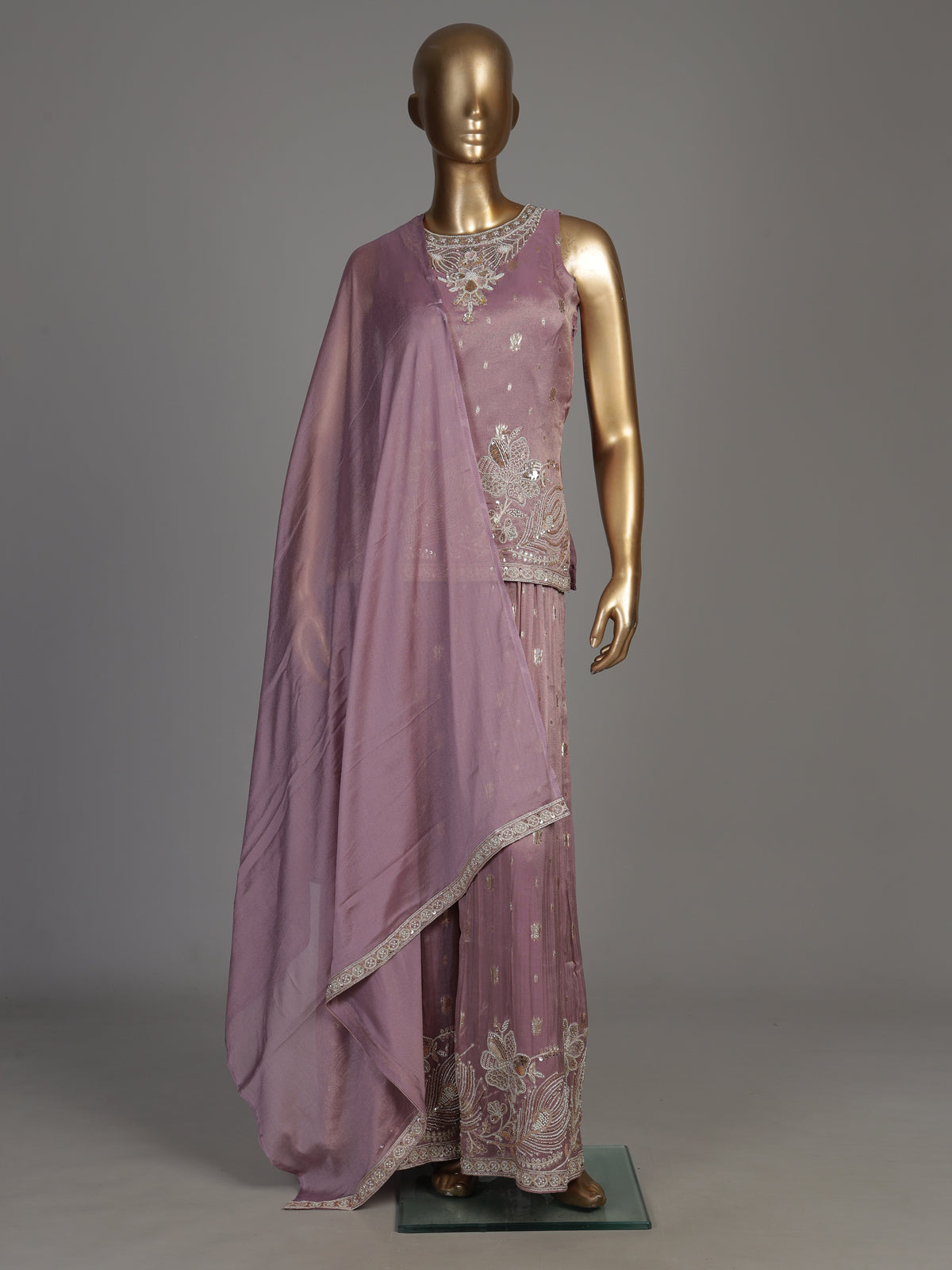 Lavender purple tissue georgette palazzo suit with pearl detailing
