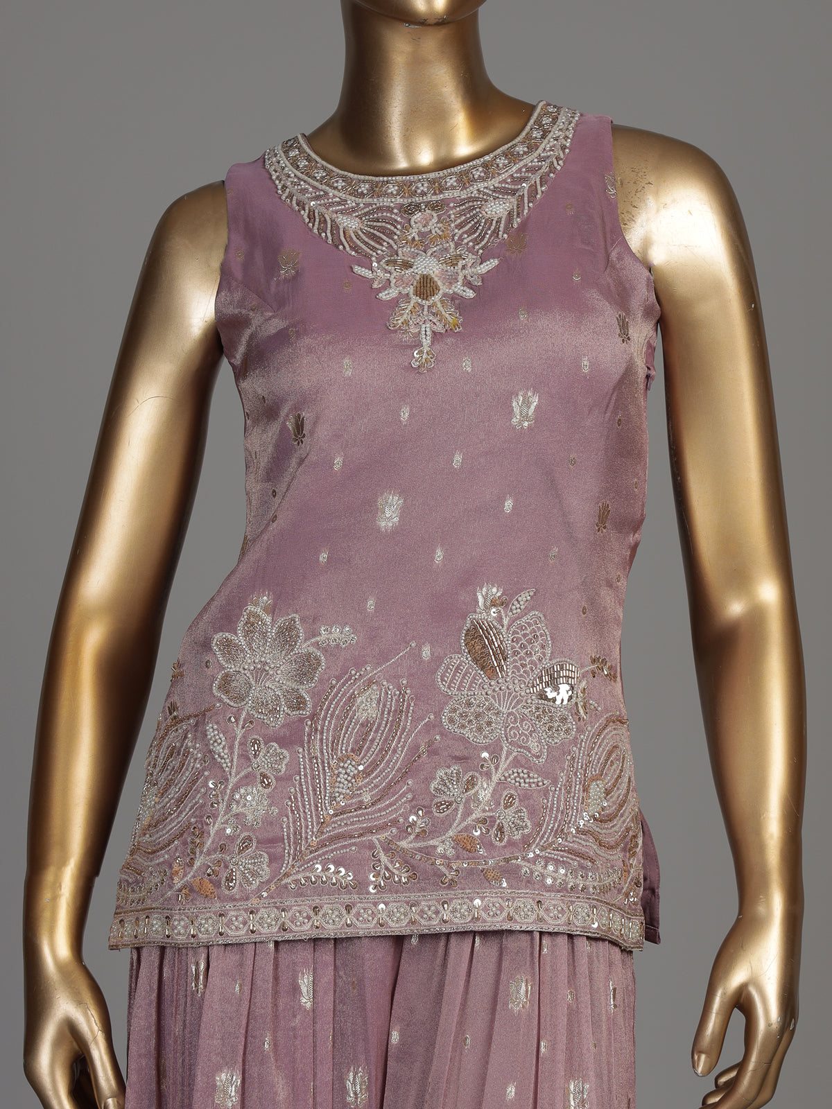Lavender purple tissue georgette palazzo suit with pearl detailing