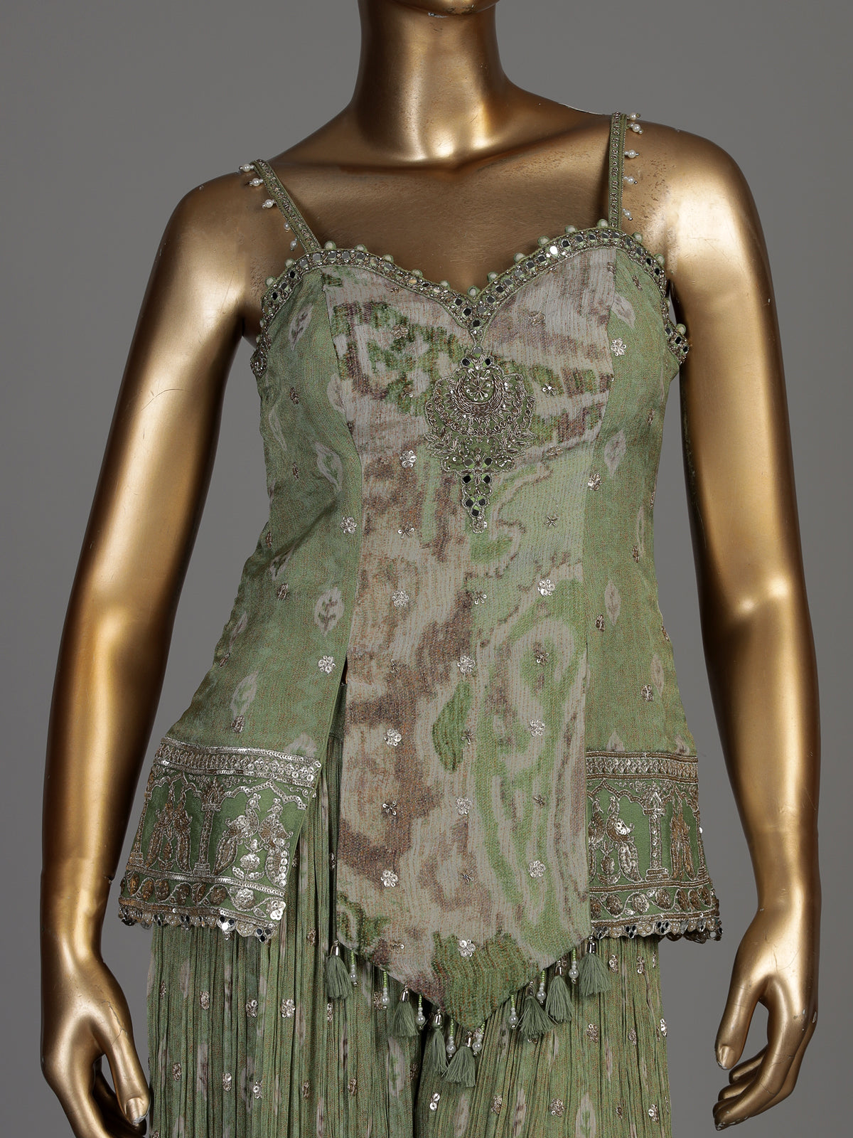 Pista green silk palazzo suit with floral prints and zardosi work