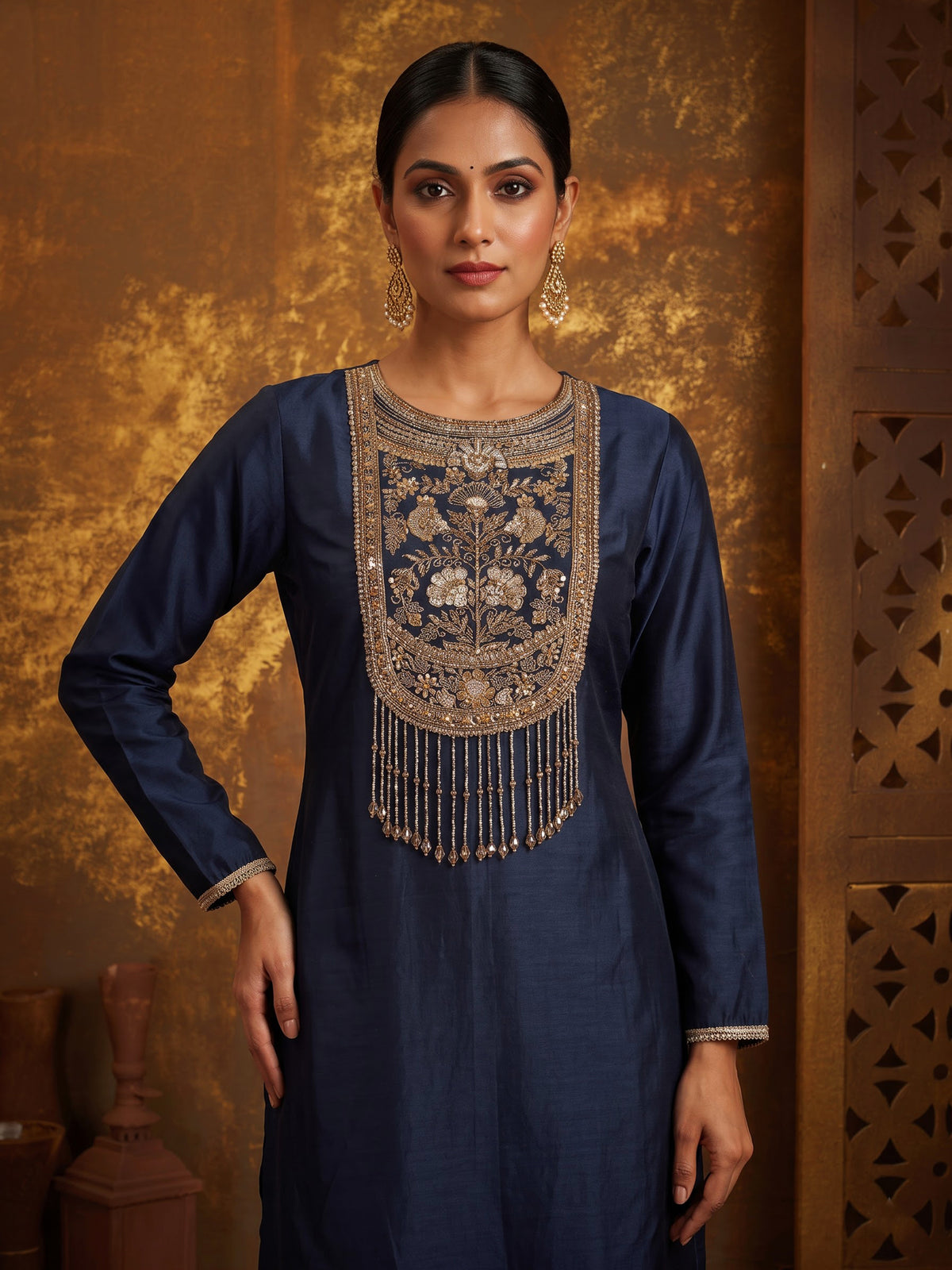 Navy blue silk anarkali suit with Patola printed dupatta