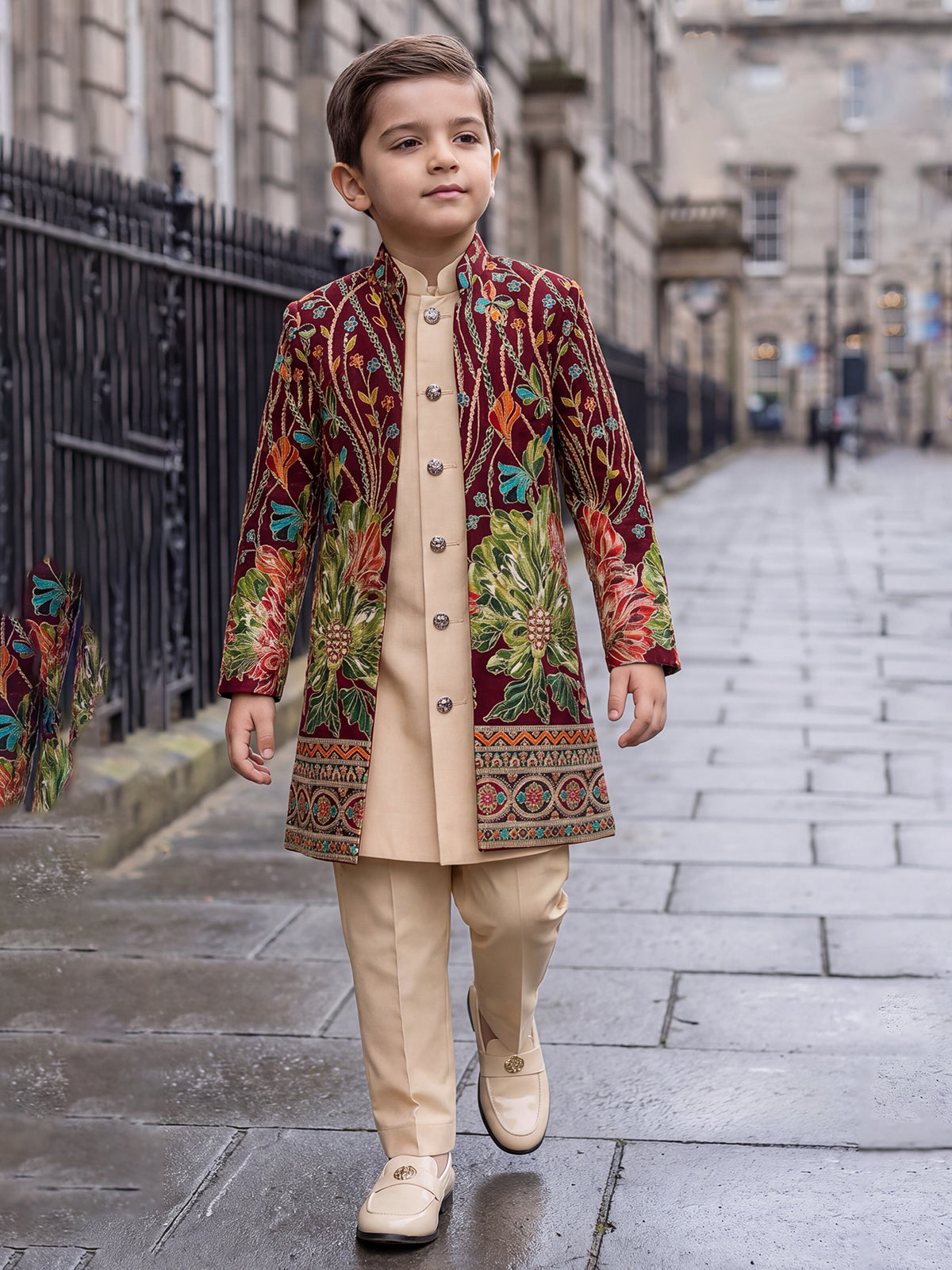 Peach printed jacket boy indo western jacquard suit