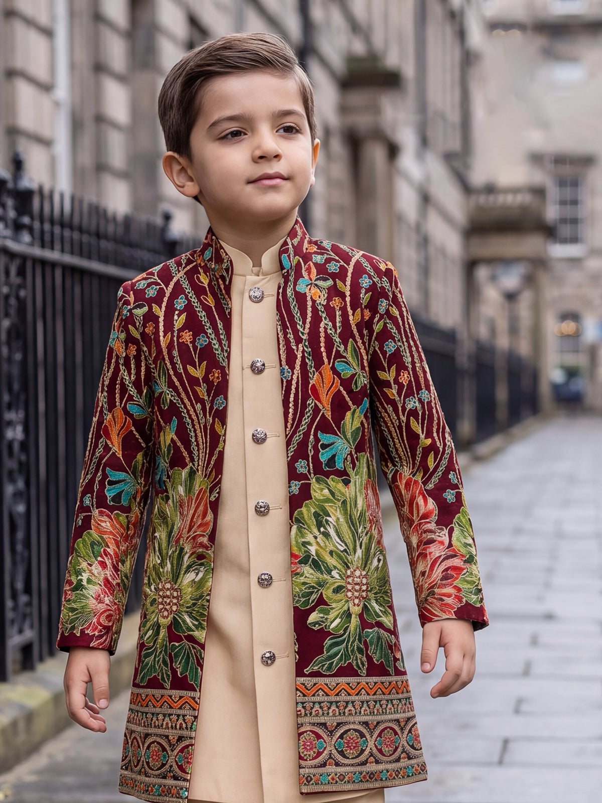 Peach printed jacket boy indo western jacquard suit
