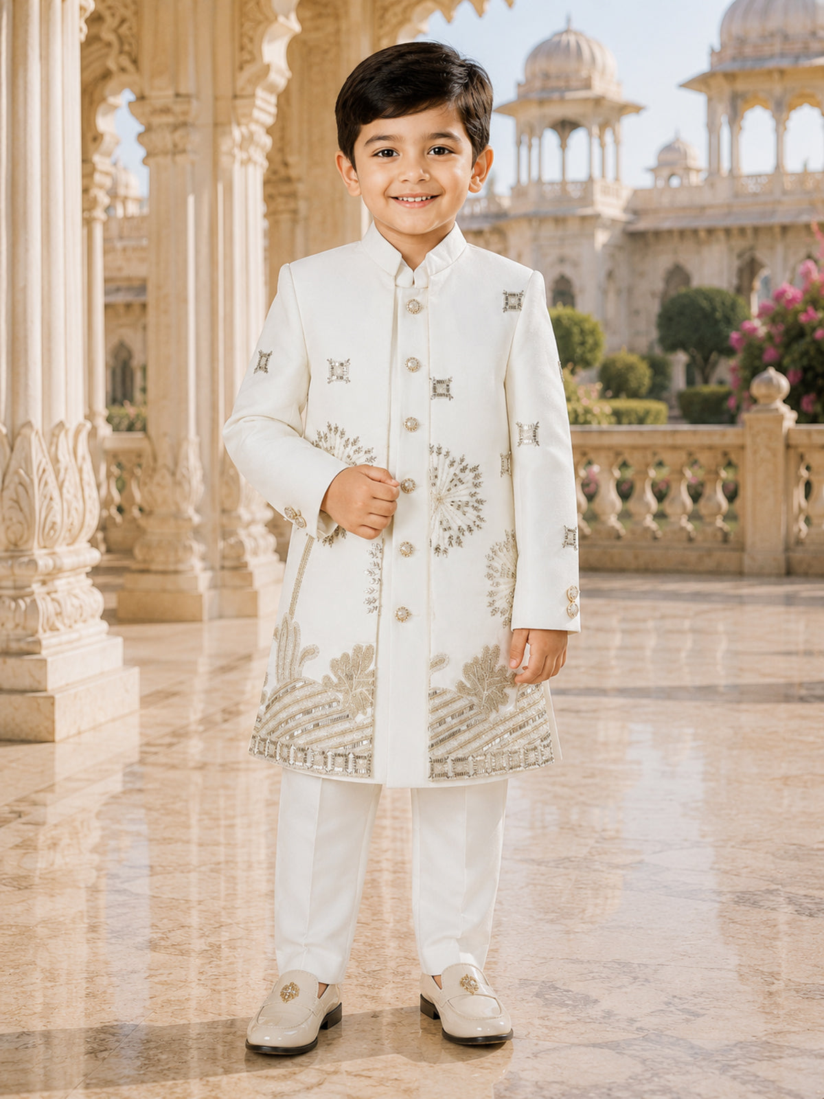 White embellished indo western jacket suit for boy