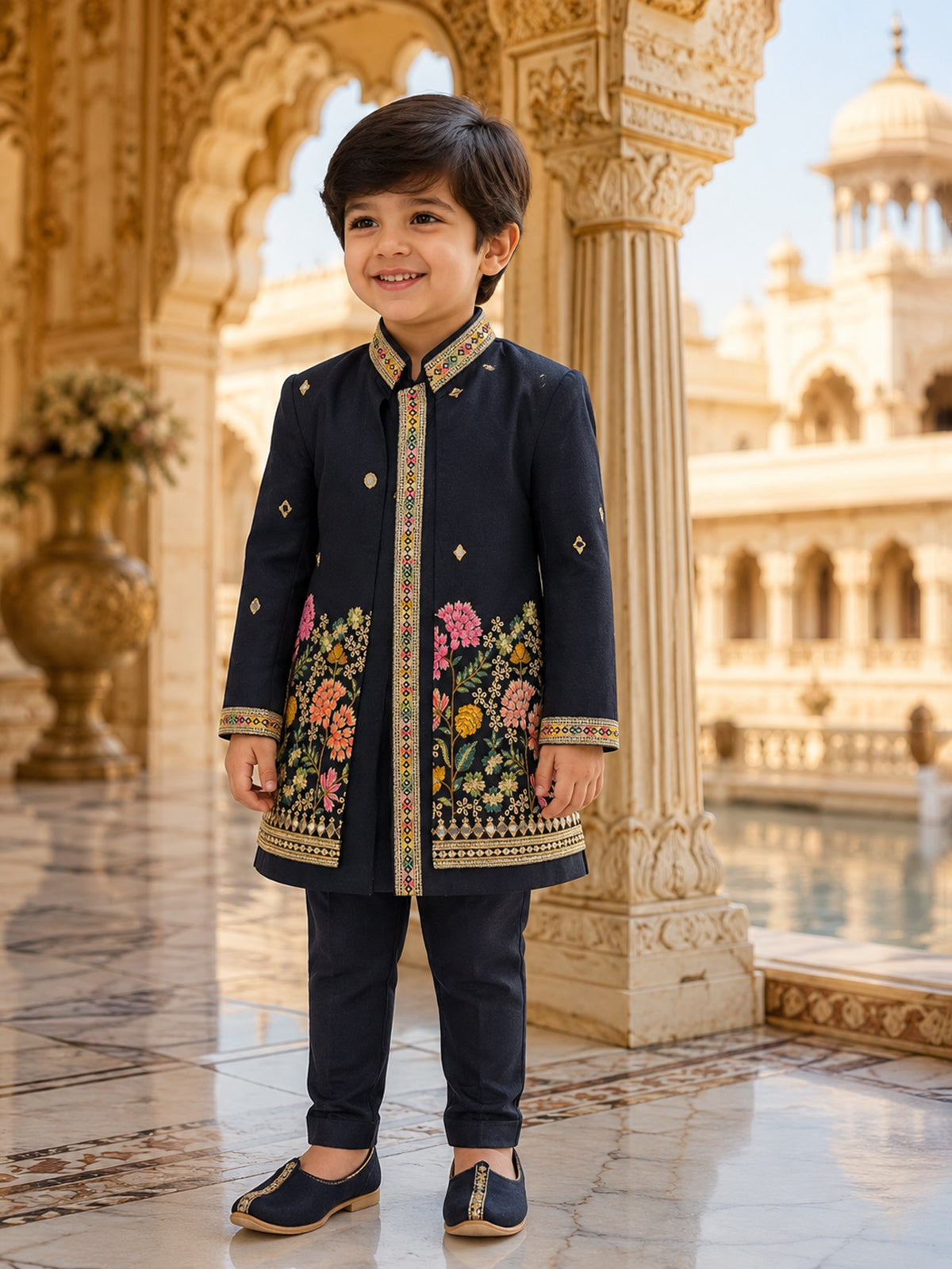 Navy blue multi thread printed boy indo western suit
