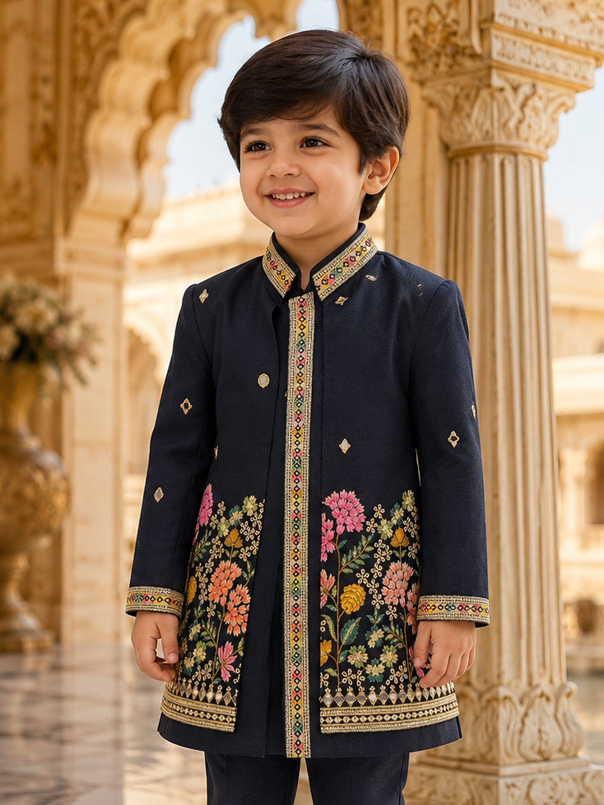 Navy blue multi thread printed boy indo western suit