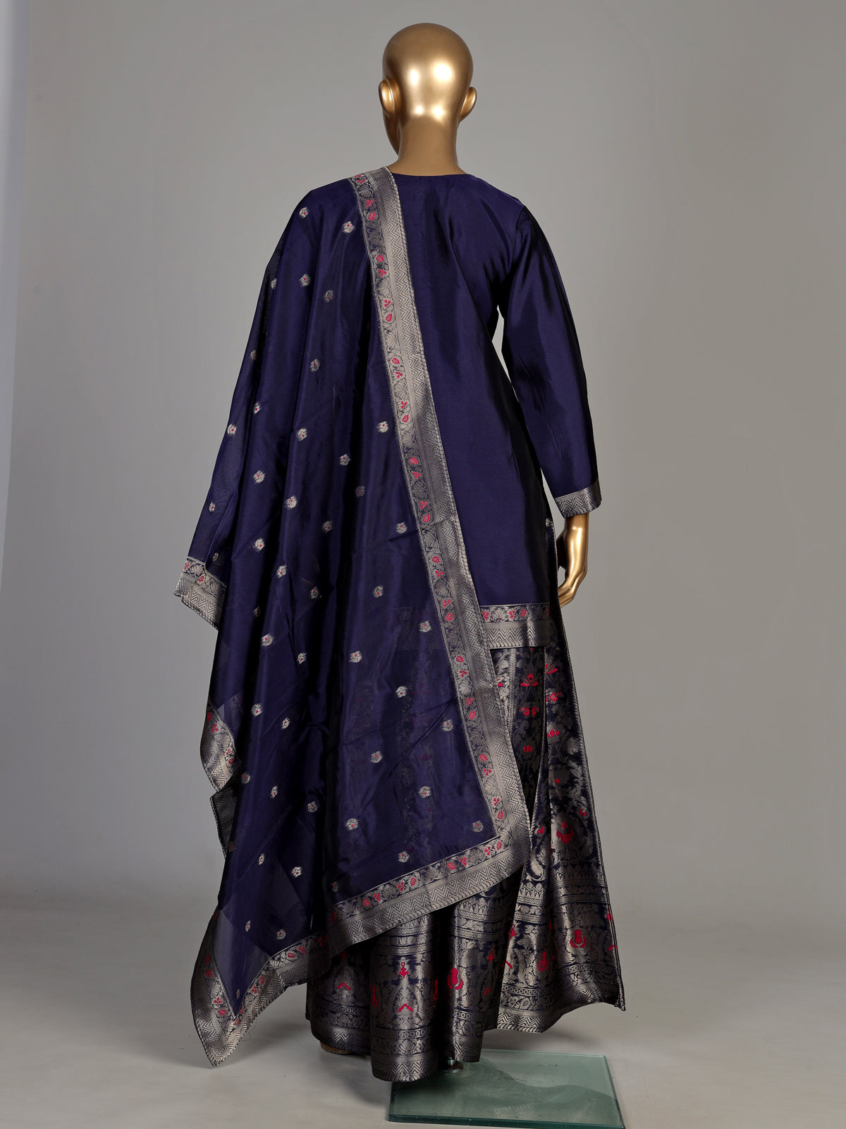 Navy blue banarasi silk palazzo suit with zari yoke