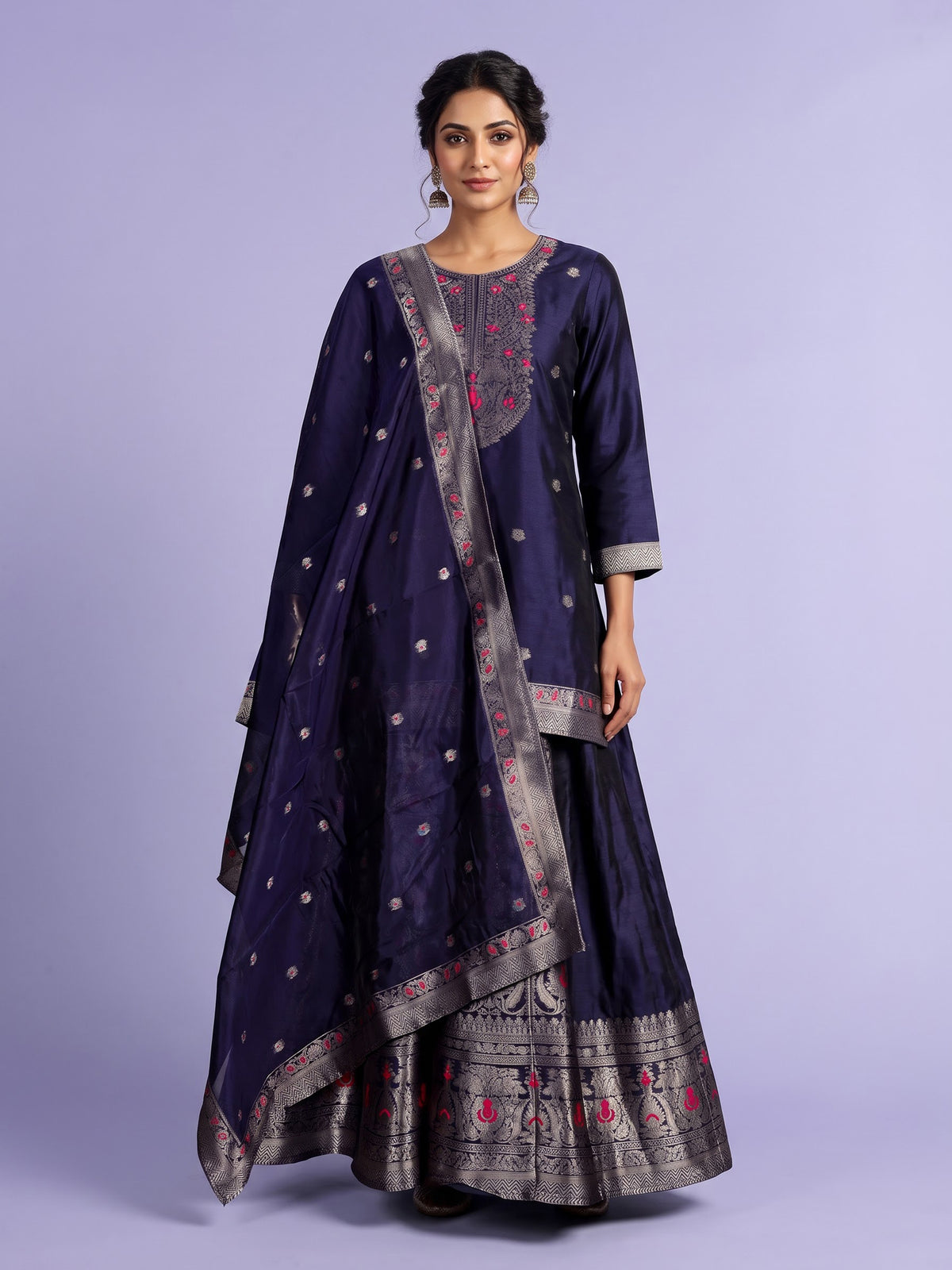 Navy blue banarasi silk palazzo suit with zari yoke