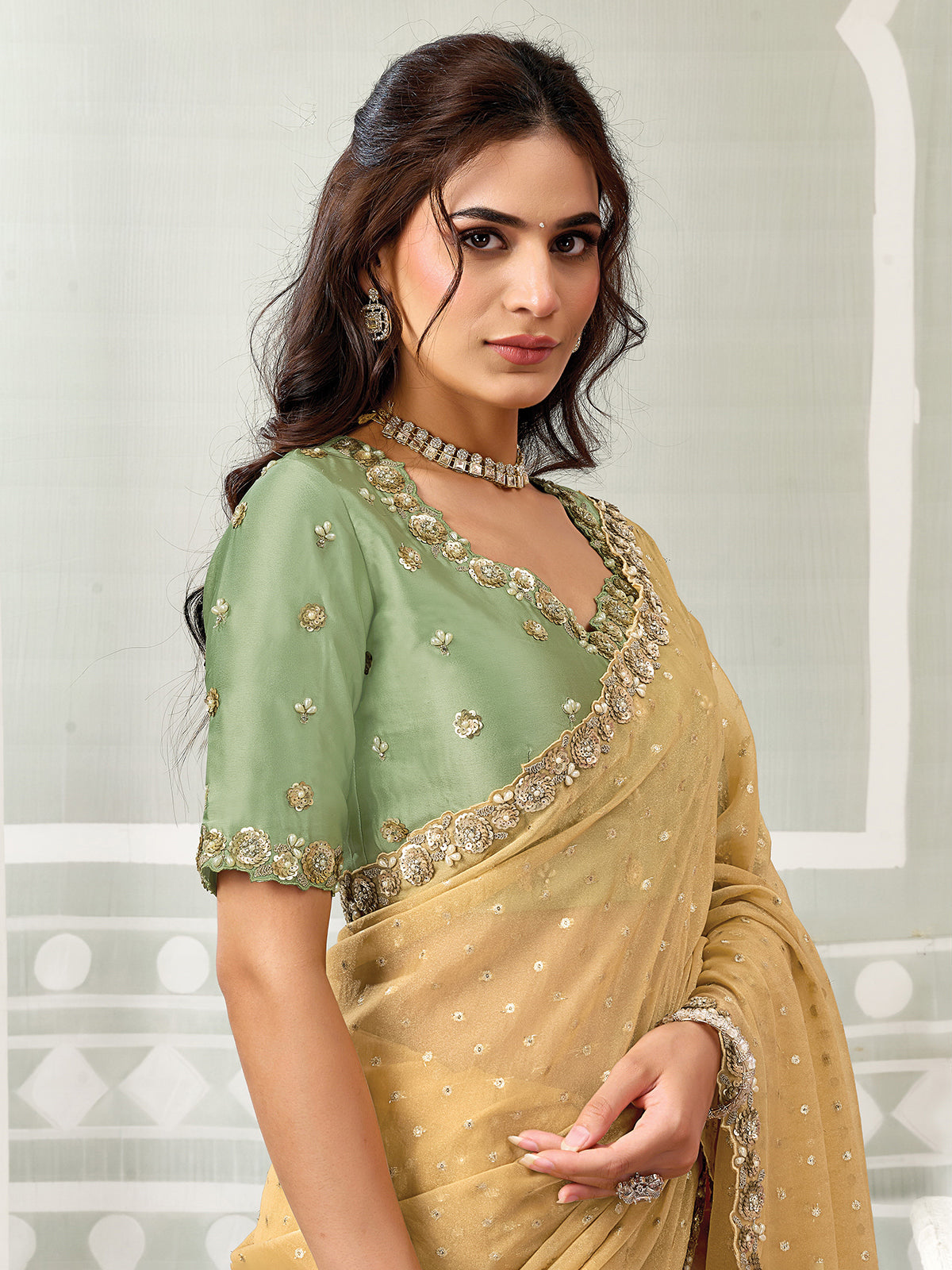 Dark beige pearl embellished georgette jacquard women saree