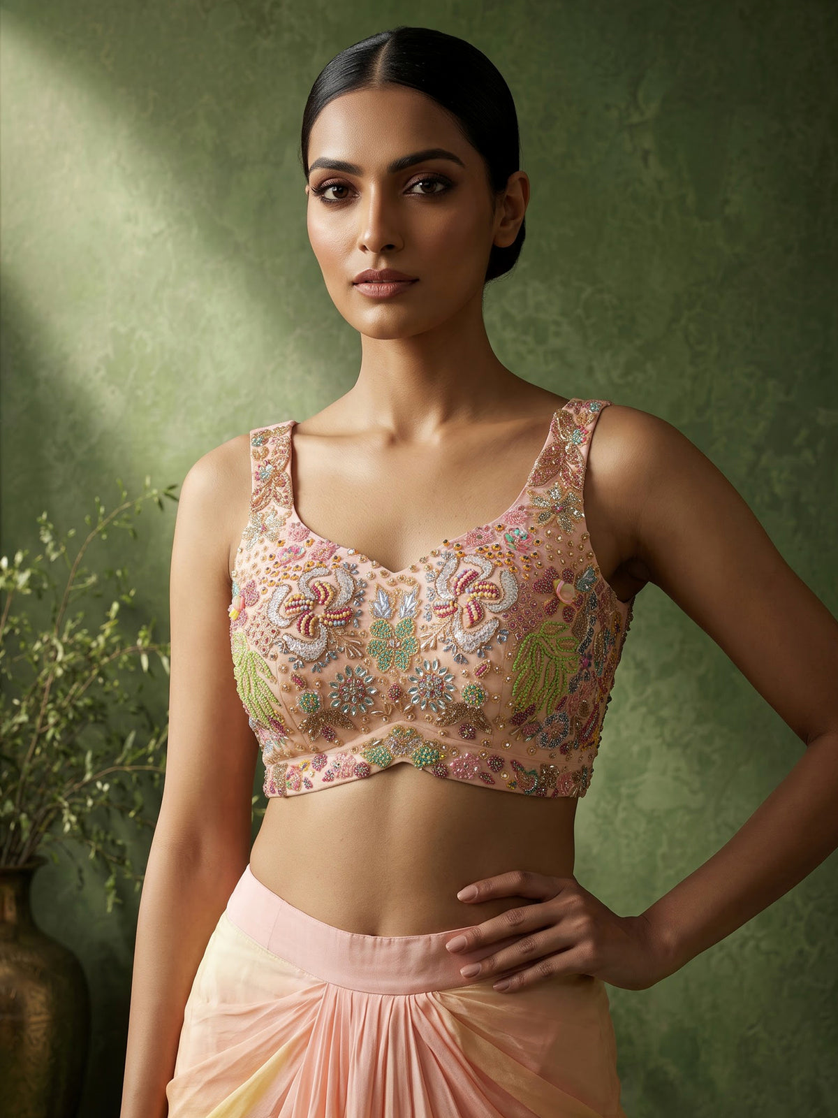 Pink satin crepe Indo-Western suit with embellished shrug