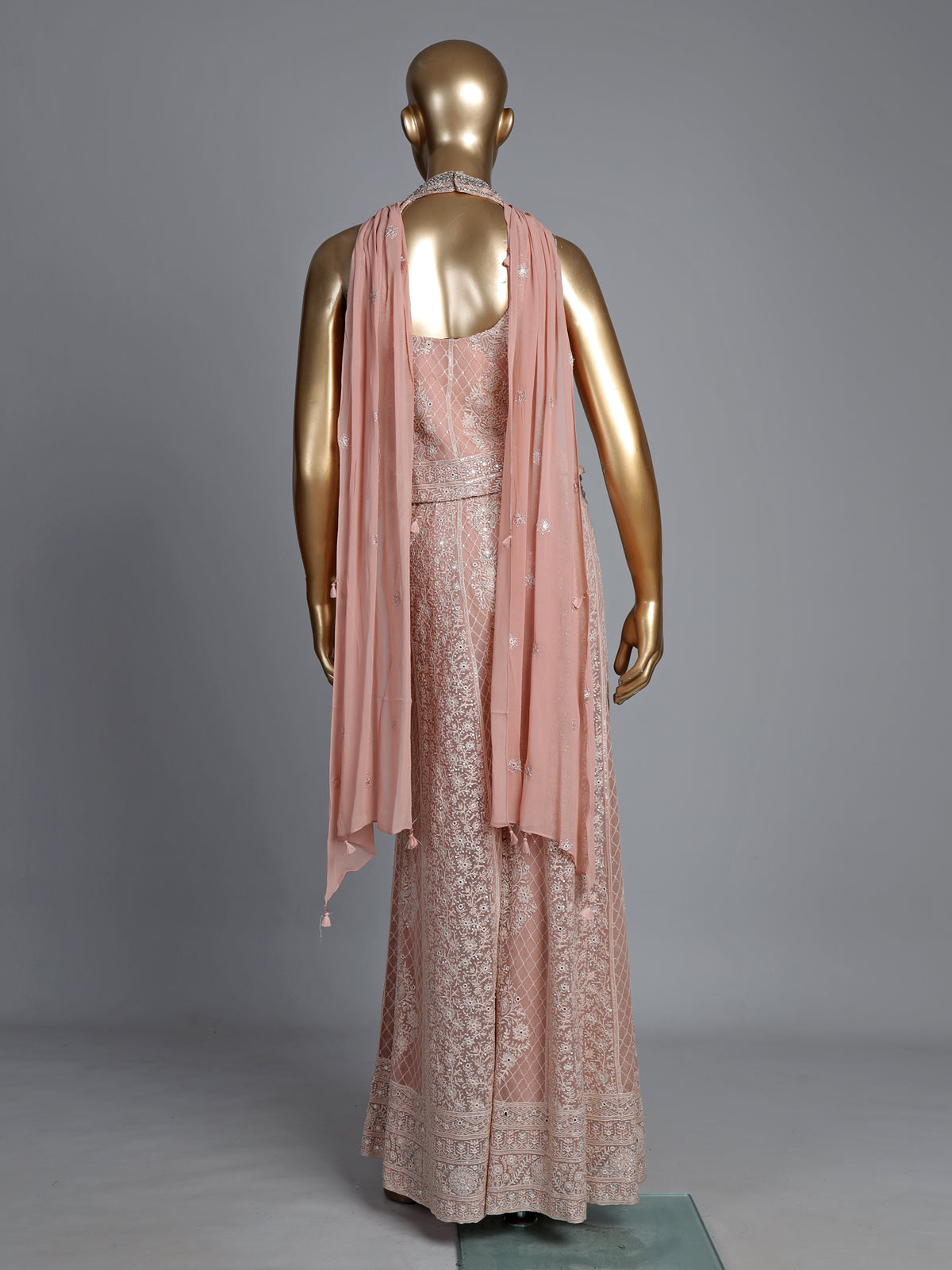 Light peach georgette palazzo suit with mirror and zardosi work