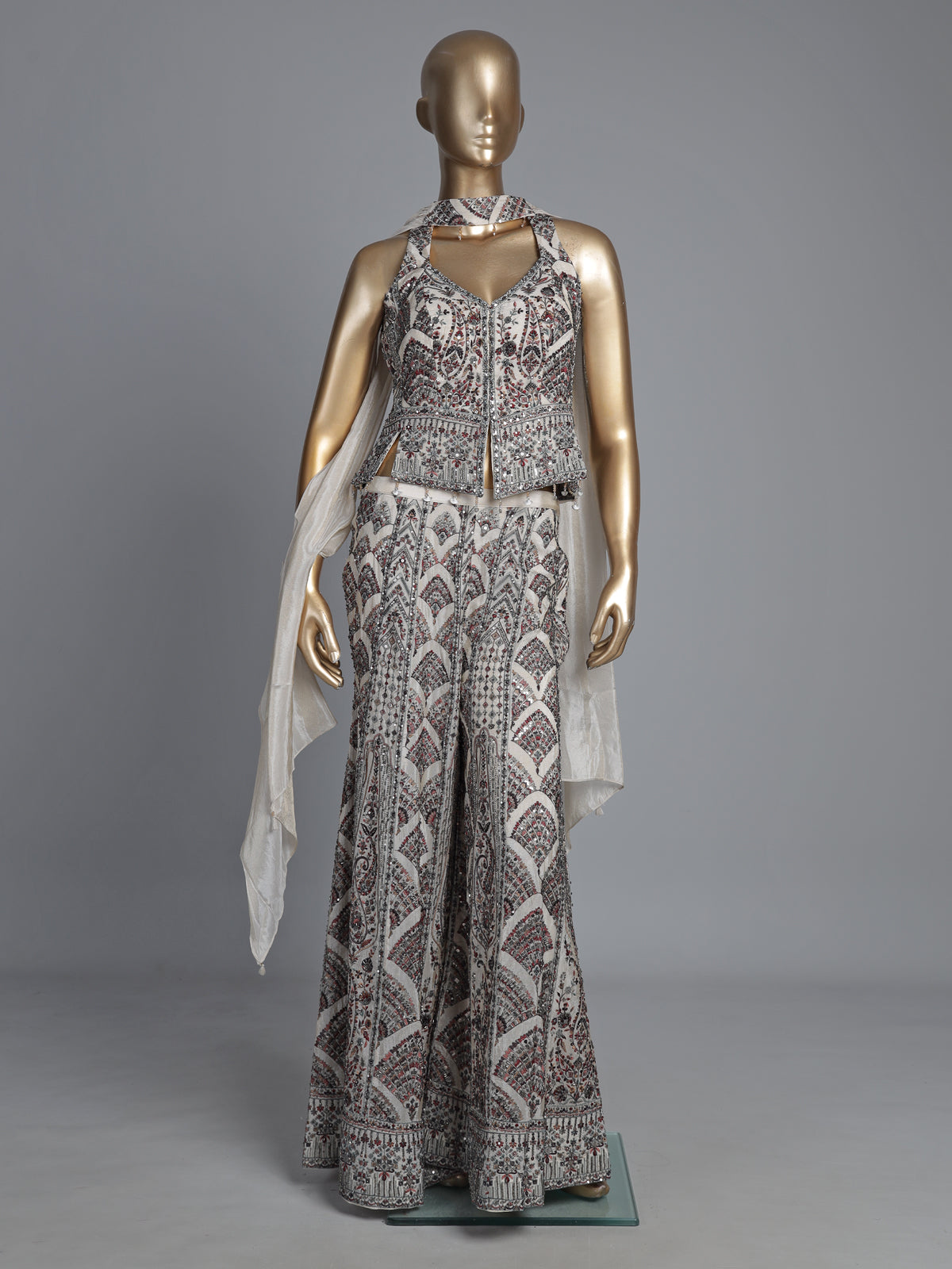 Off-white tissue silk palazzo suit with sequin work
