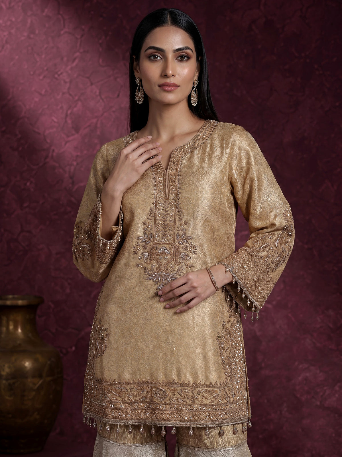 Gold brocade silk sharara suit with zardosi and zari work