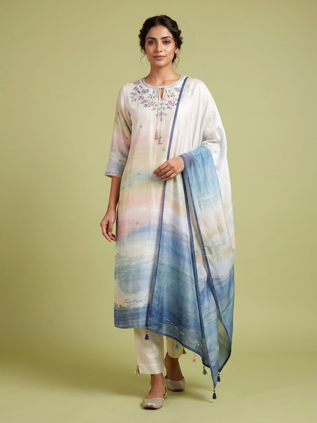 Beige watercolor bloom women kurta set