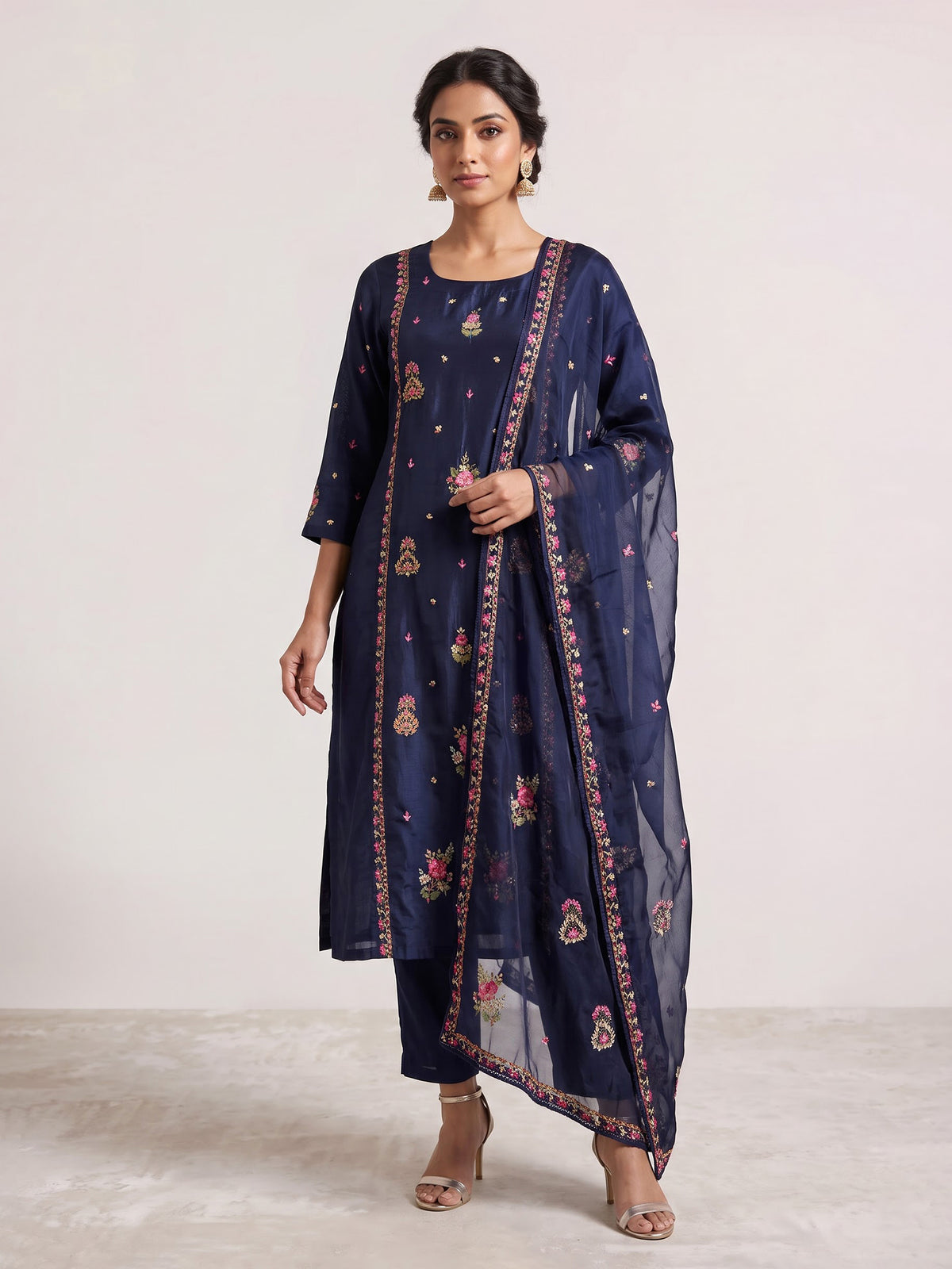 Navy blue silk kurti set with floral embroidery