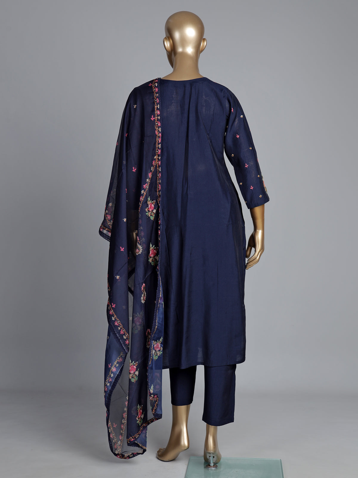 Navy blue silk kurti set with floral embroidery