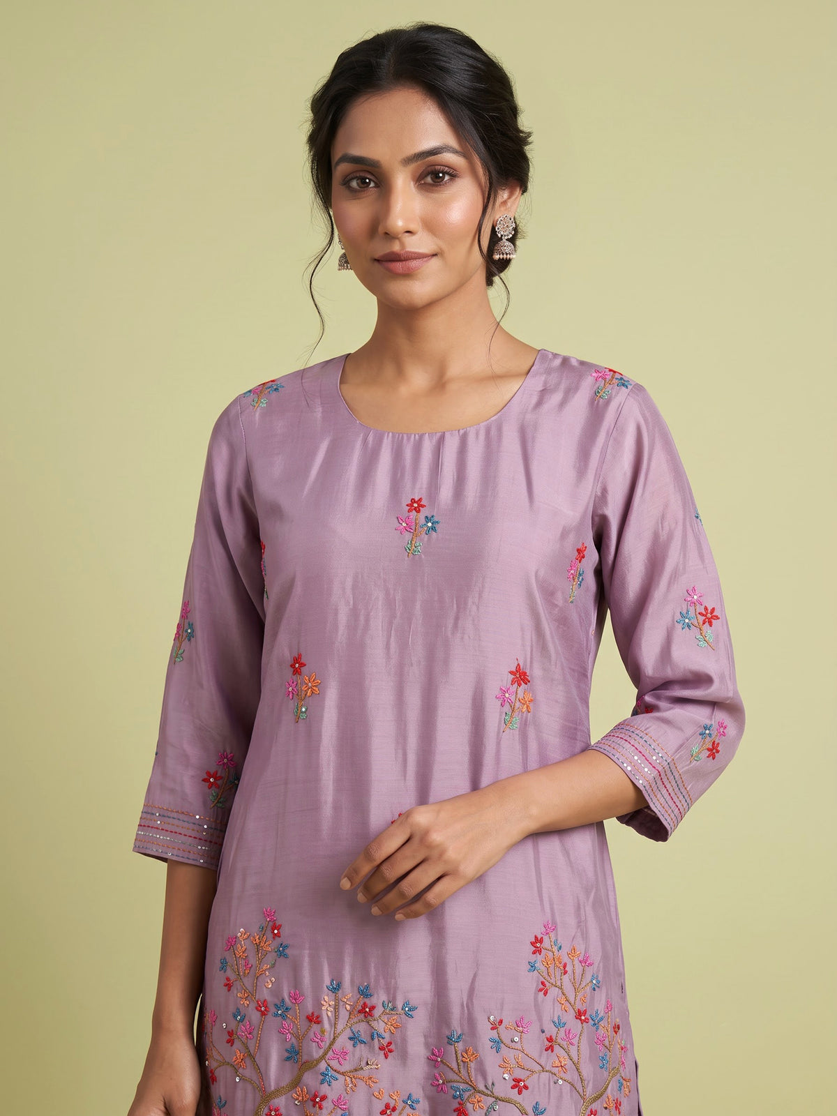 Lavender purple tussar silk kurti set with floral embellishments