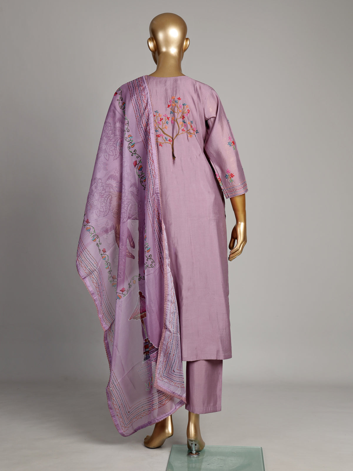 Lavender purple tussar silk kurti set with floral embellishments