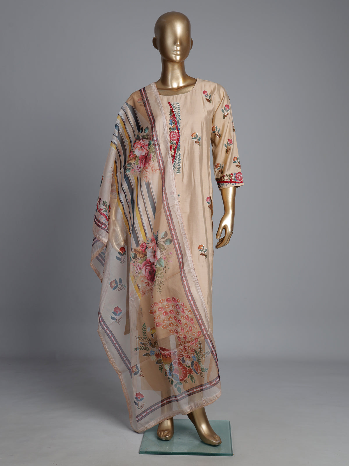 Beige tussar silk kurti set with floral embroidery