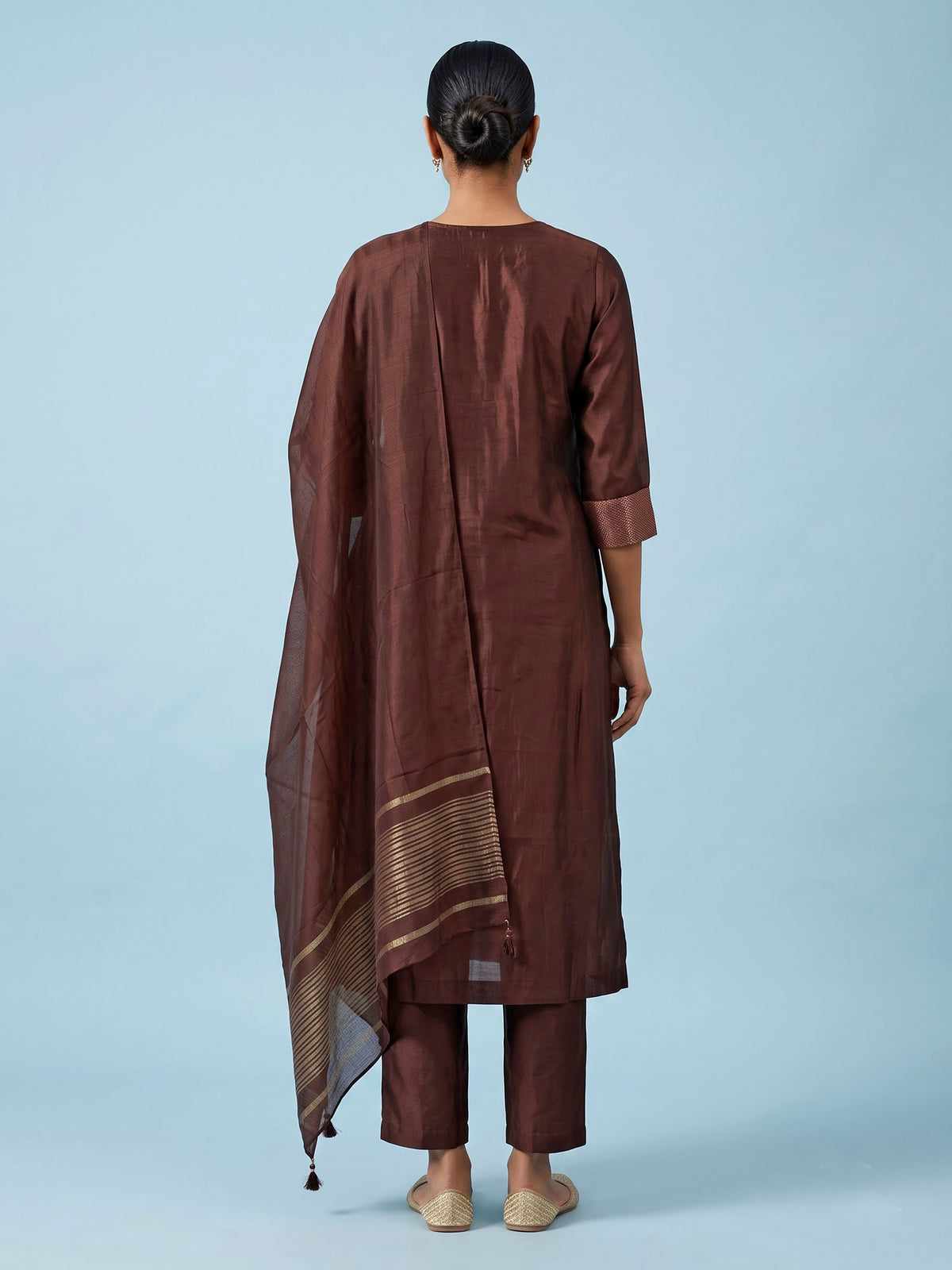 Brown silk kurti set with threadwork and sequins