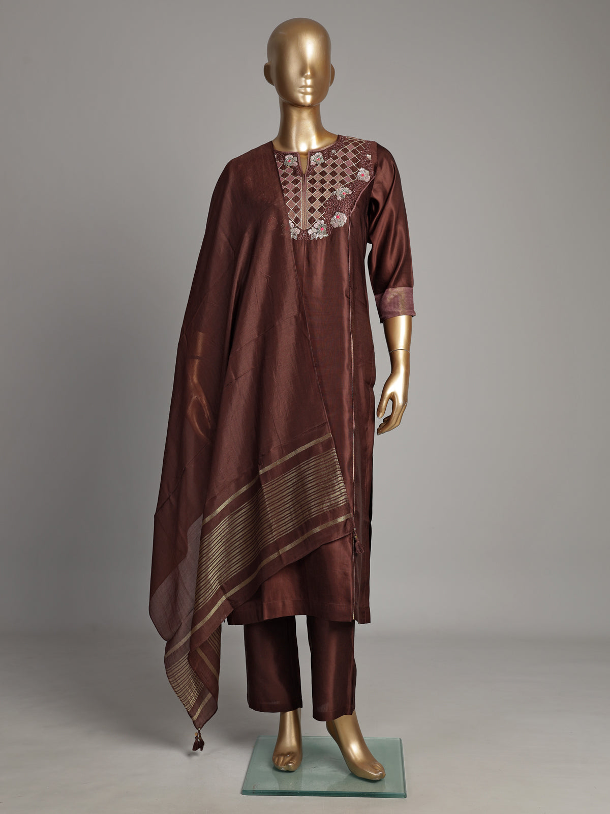 Brown silk kurti set with threadwork and sequins