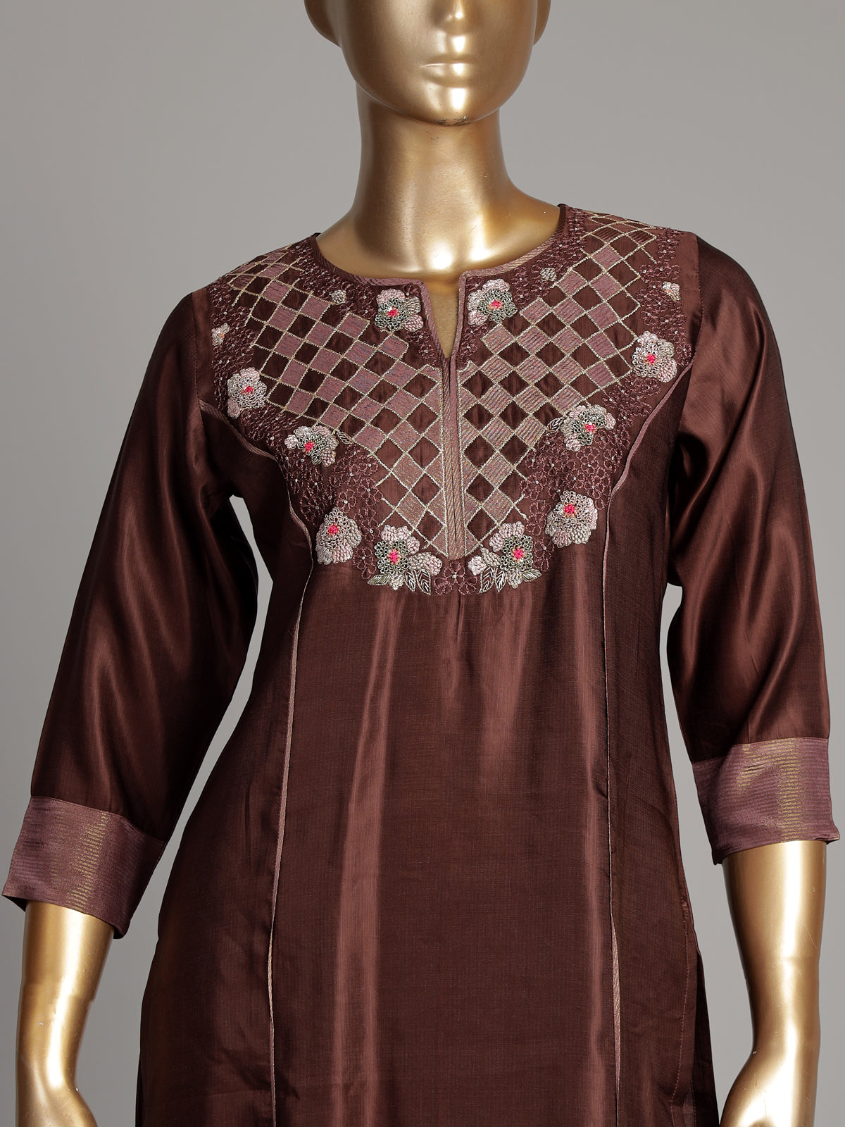 Brown silk kurti set with threadwork and sequins