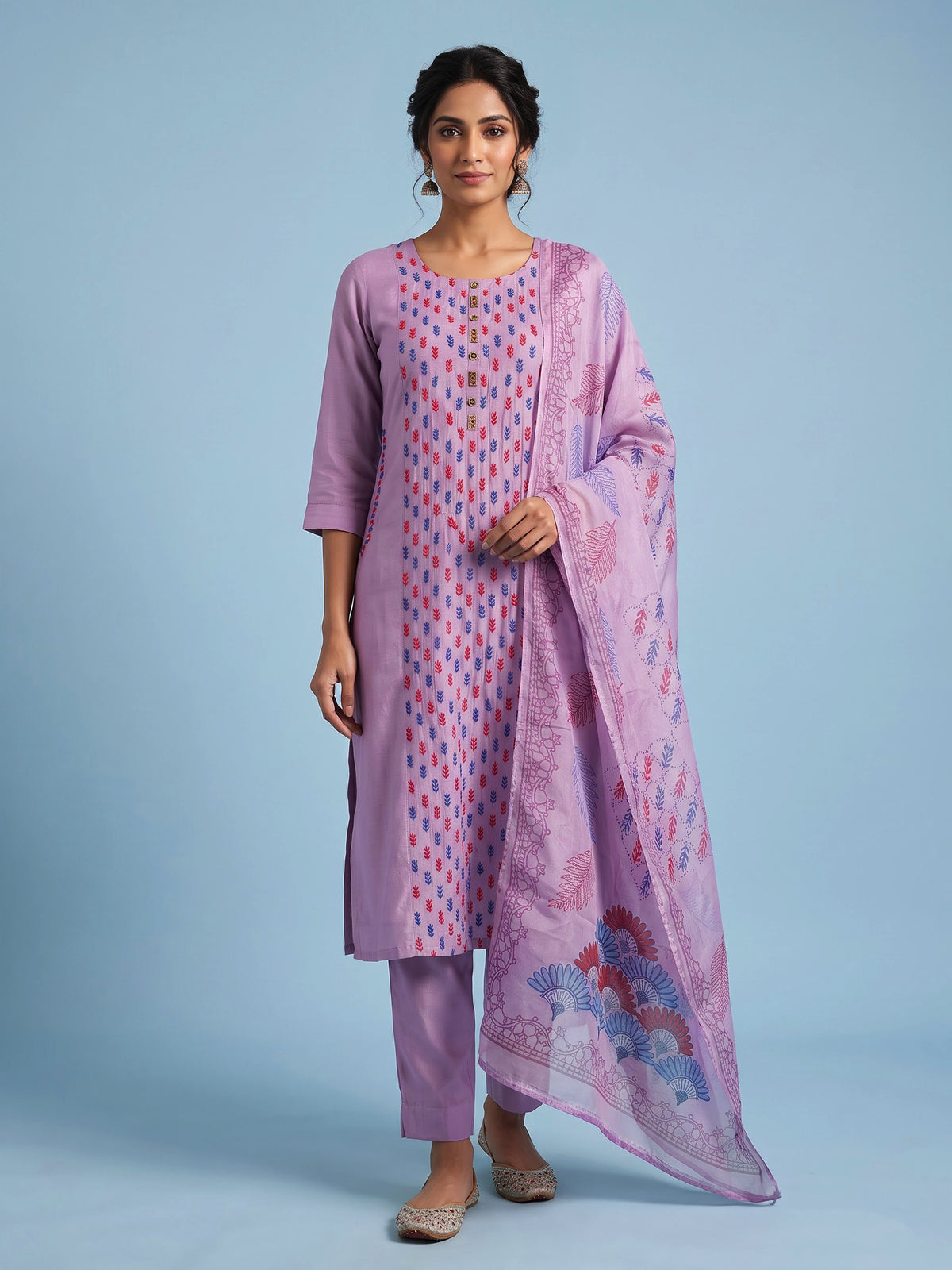 Lavender purple tussar silk kurti set with mirror embellishments