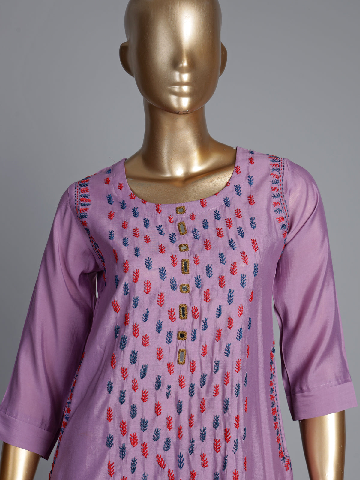 Lavender purple tussar silk kurti set with mirror embellishments