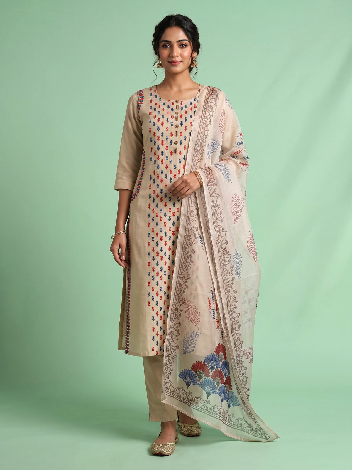 Beige tussar silk kurti set with mirror work