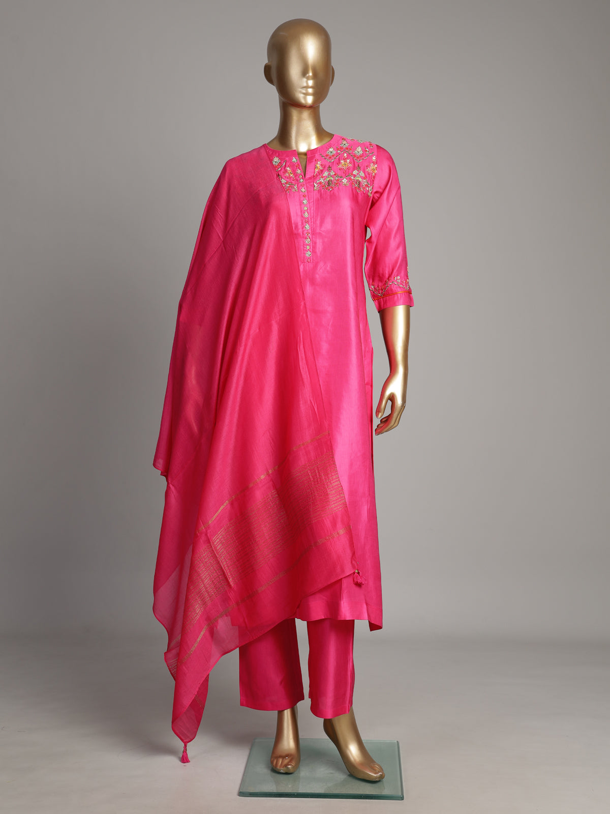 Rani pink silk kurti set with sequin detailing