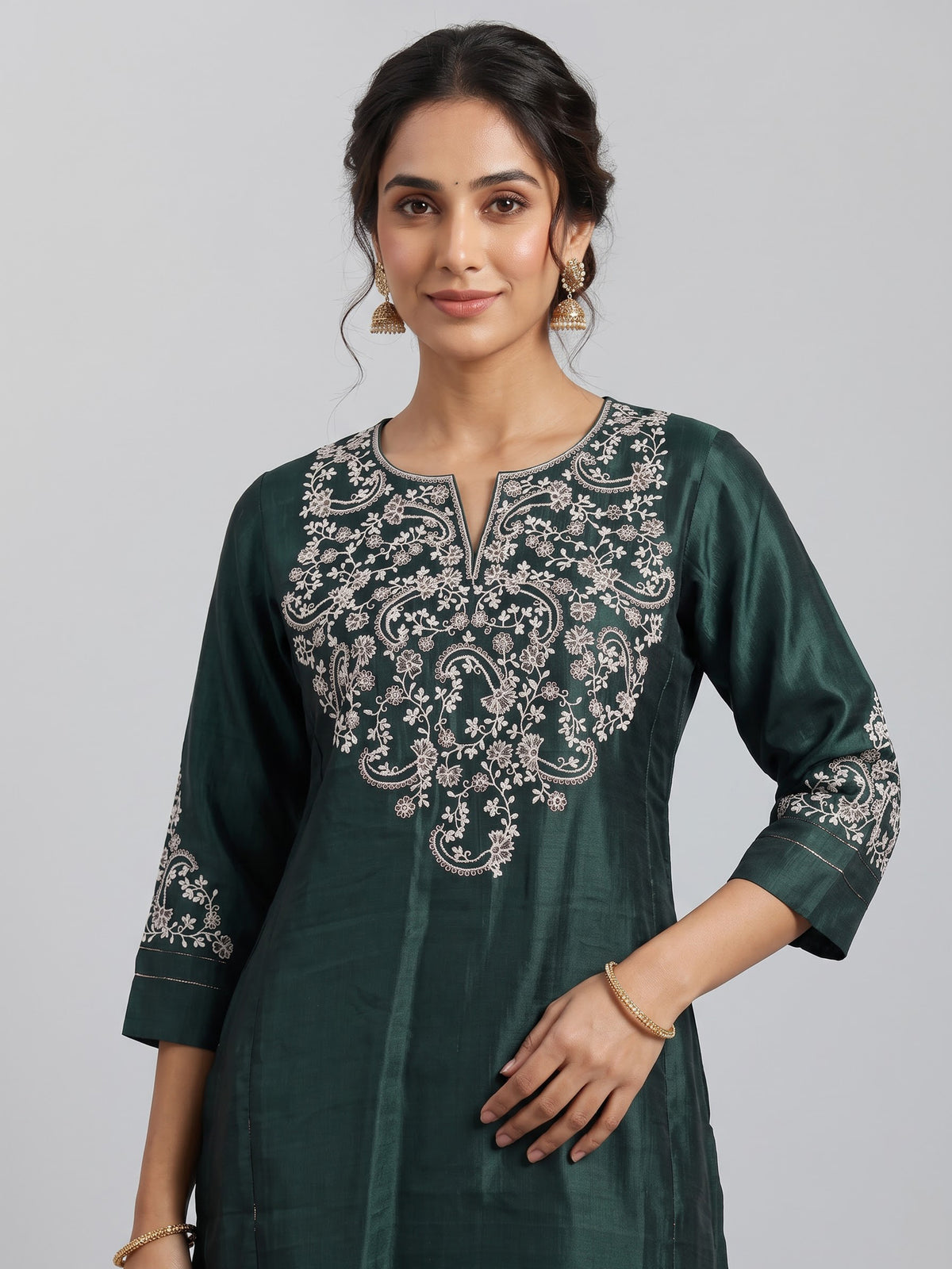 Bottle green silk kurti set with resham and embroidery