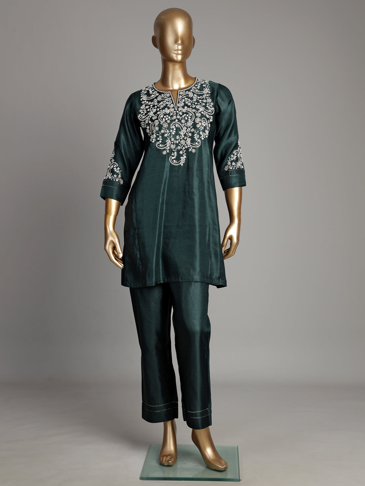Bottle green silk kurti set with resham and embroidery