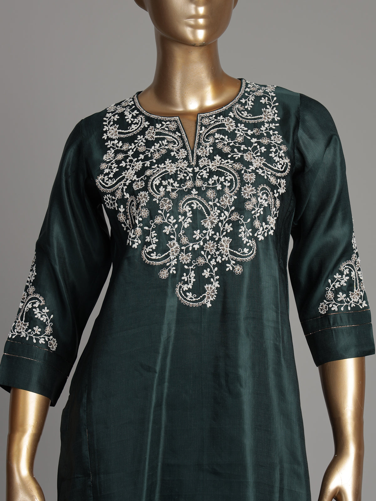 Bottle green silk kurti set with resham and embroidery