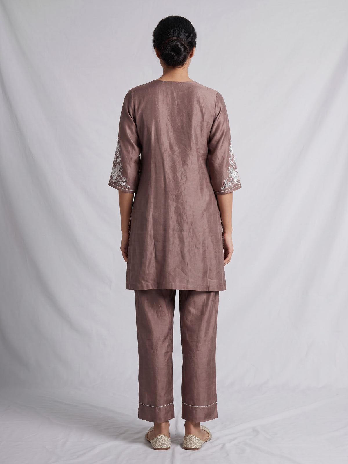 Pastel brown silk kurti set with white embroidery