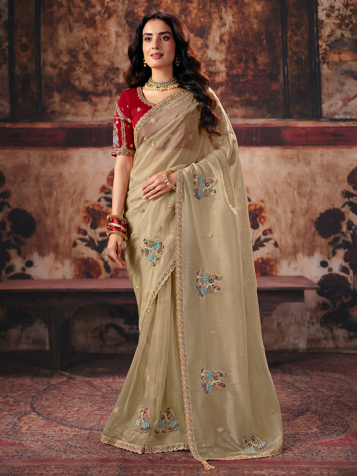 Beige embellished organza women saree with tassels