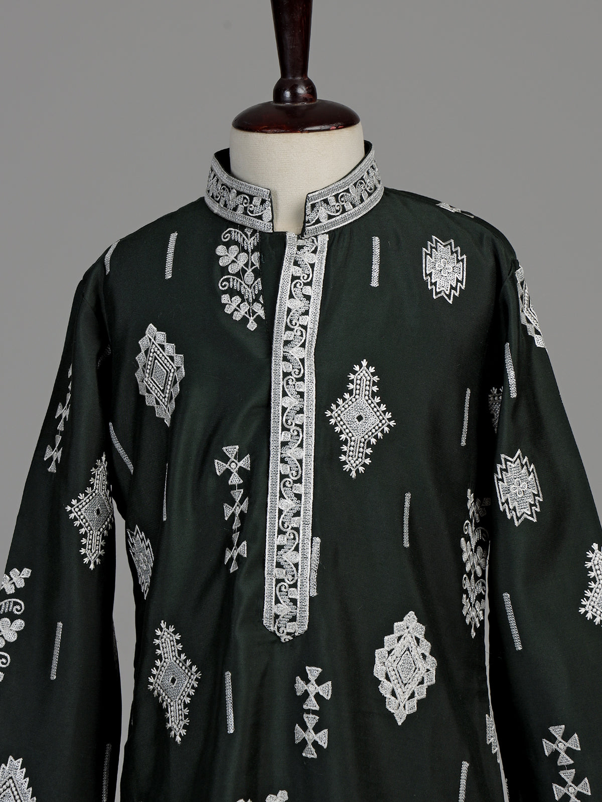 Olive green tribal geometric boys kurta suit
