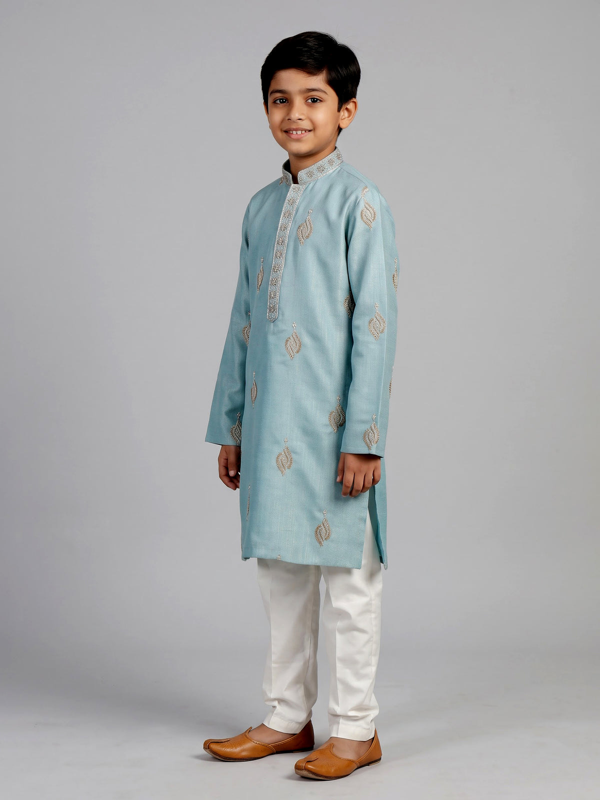 Blue silver leaf boys kurta suit