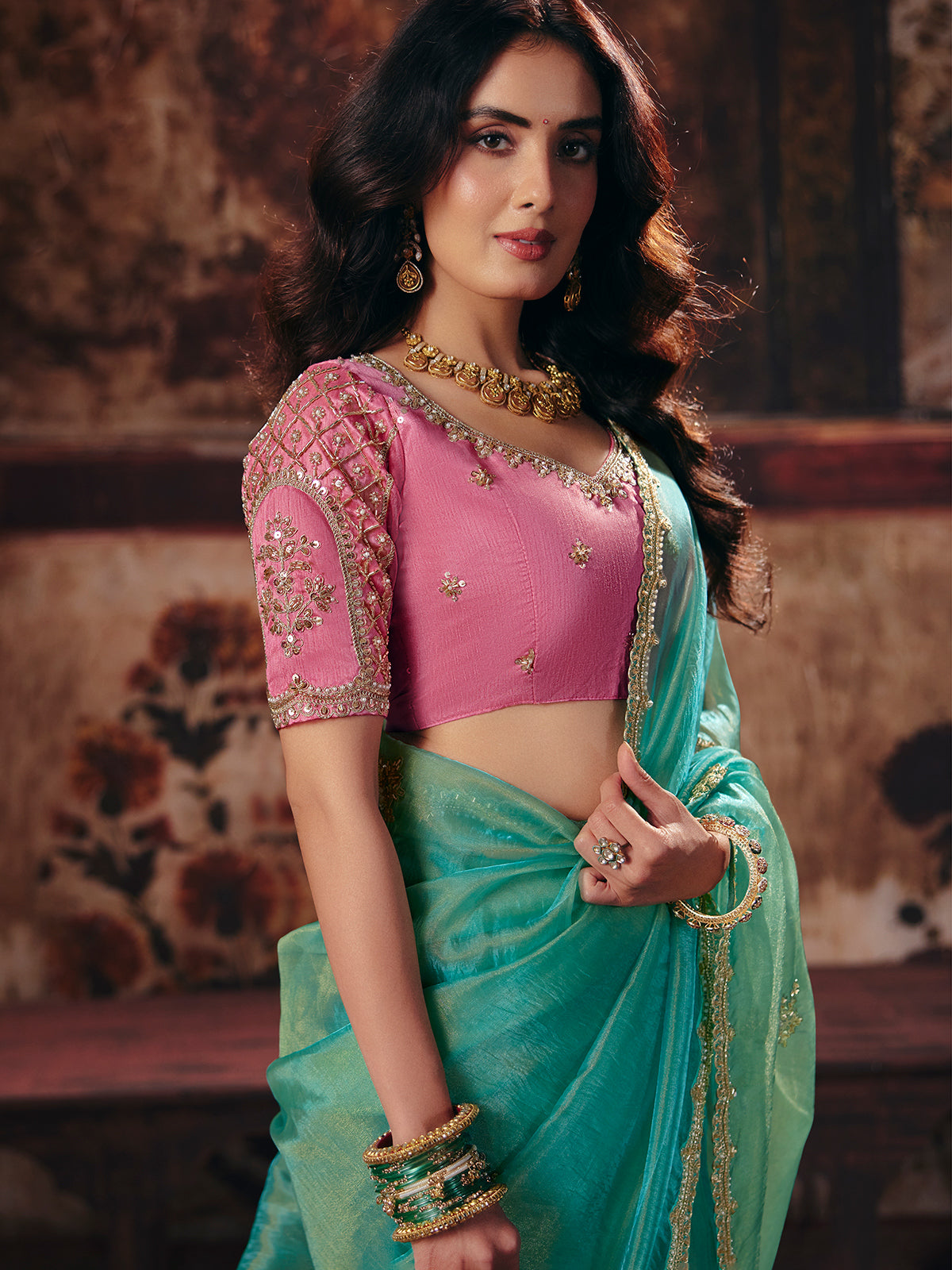 Mint blue embellished organza women saree