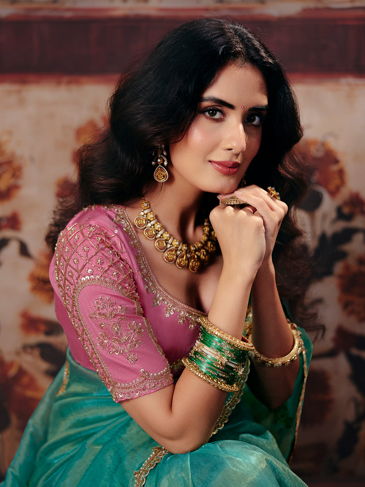 Mint blue embellished organza women saree