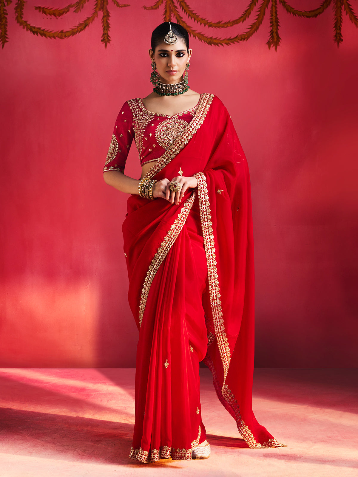 Red magnificent heritage motifs crepe silk women saree