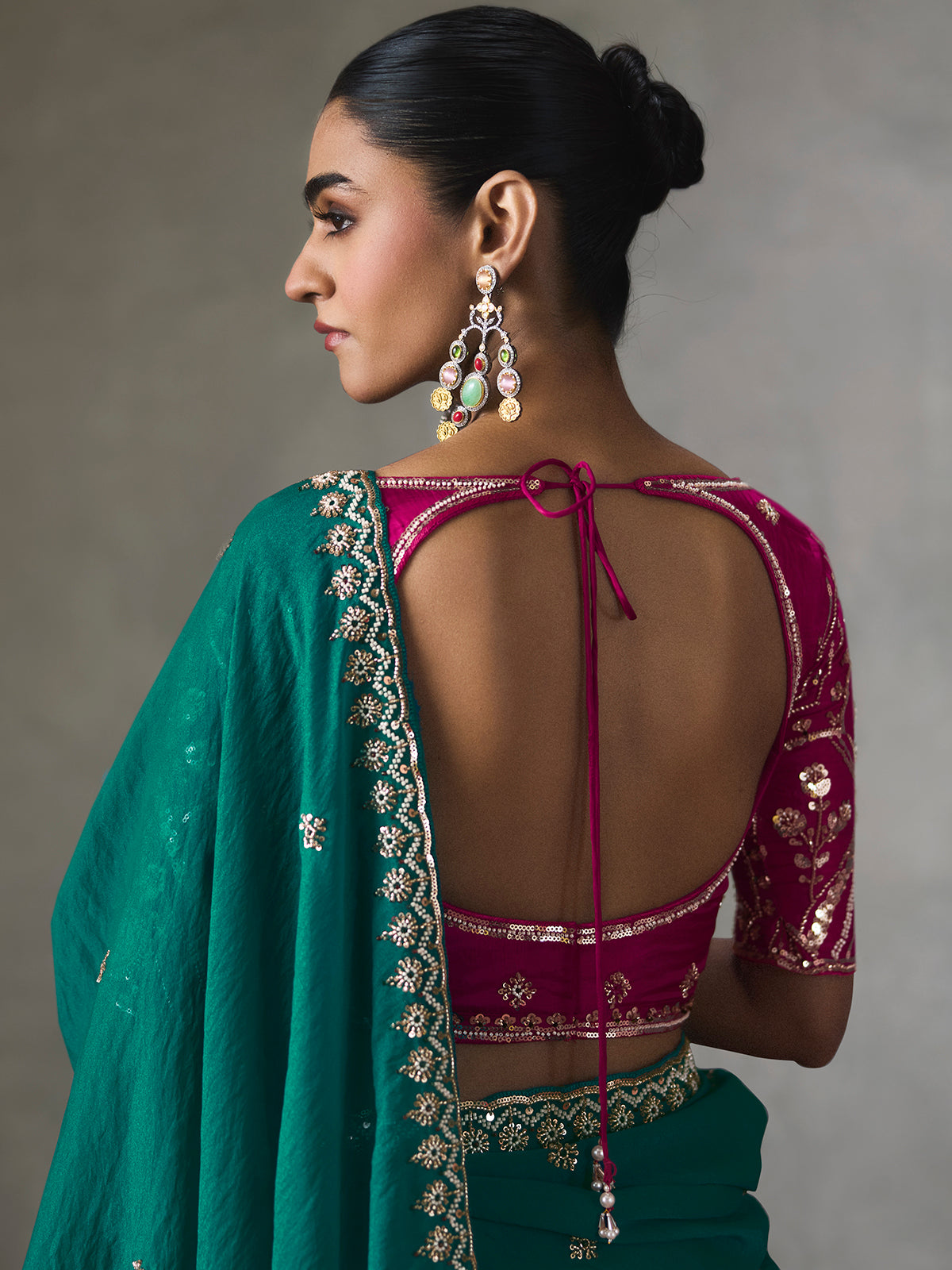 Teal green sparkling detail silk blend women saree