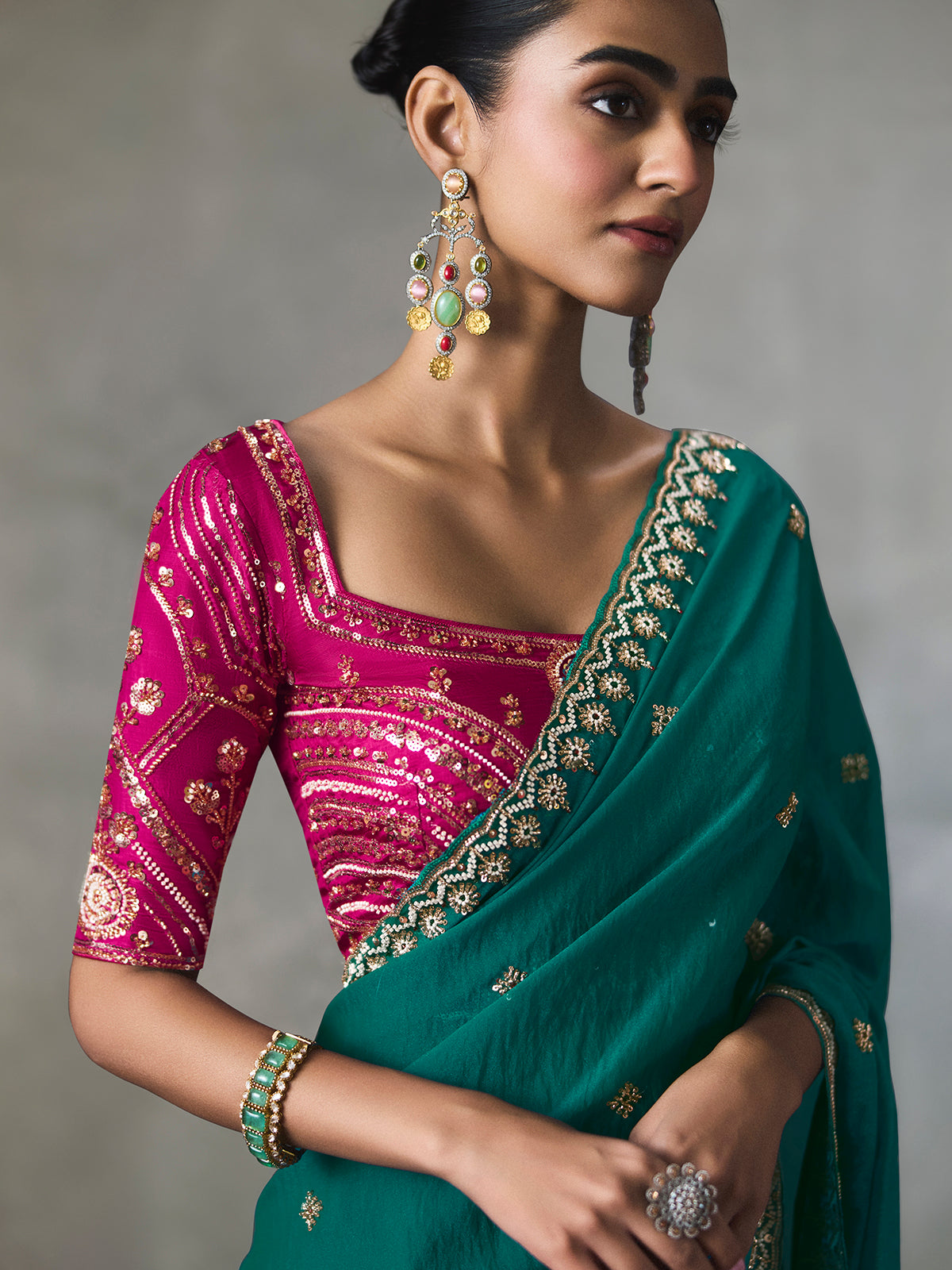 Teal green sparkling detail silk blend women saree