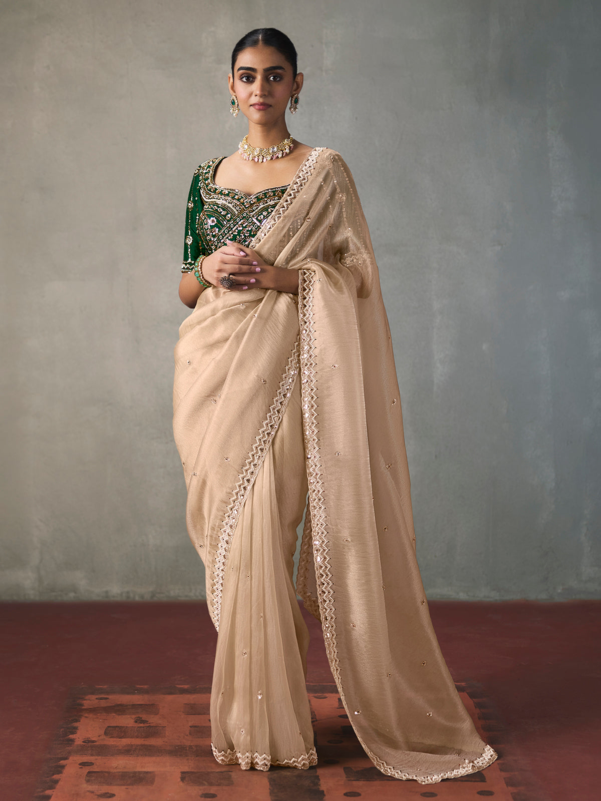 Beige classic contrast silk blend women saree