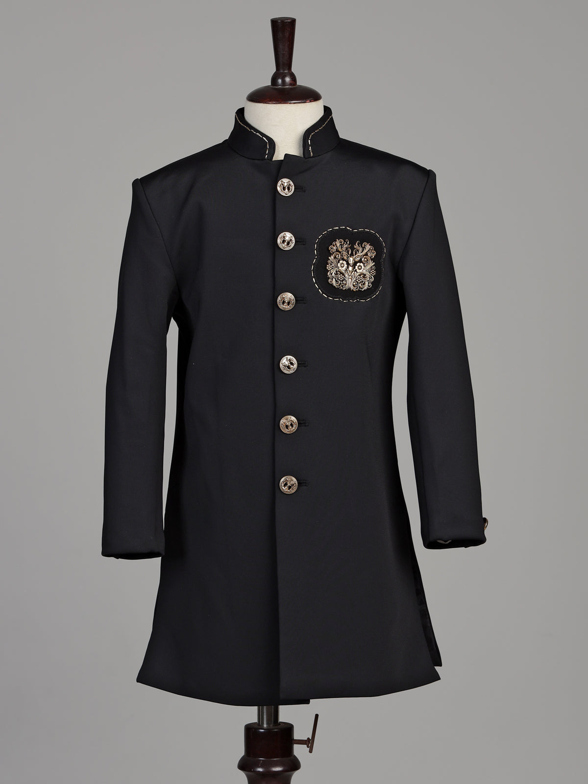 Deep midnight black terry rayon boys Indo-Western suit with royal owl crest