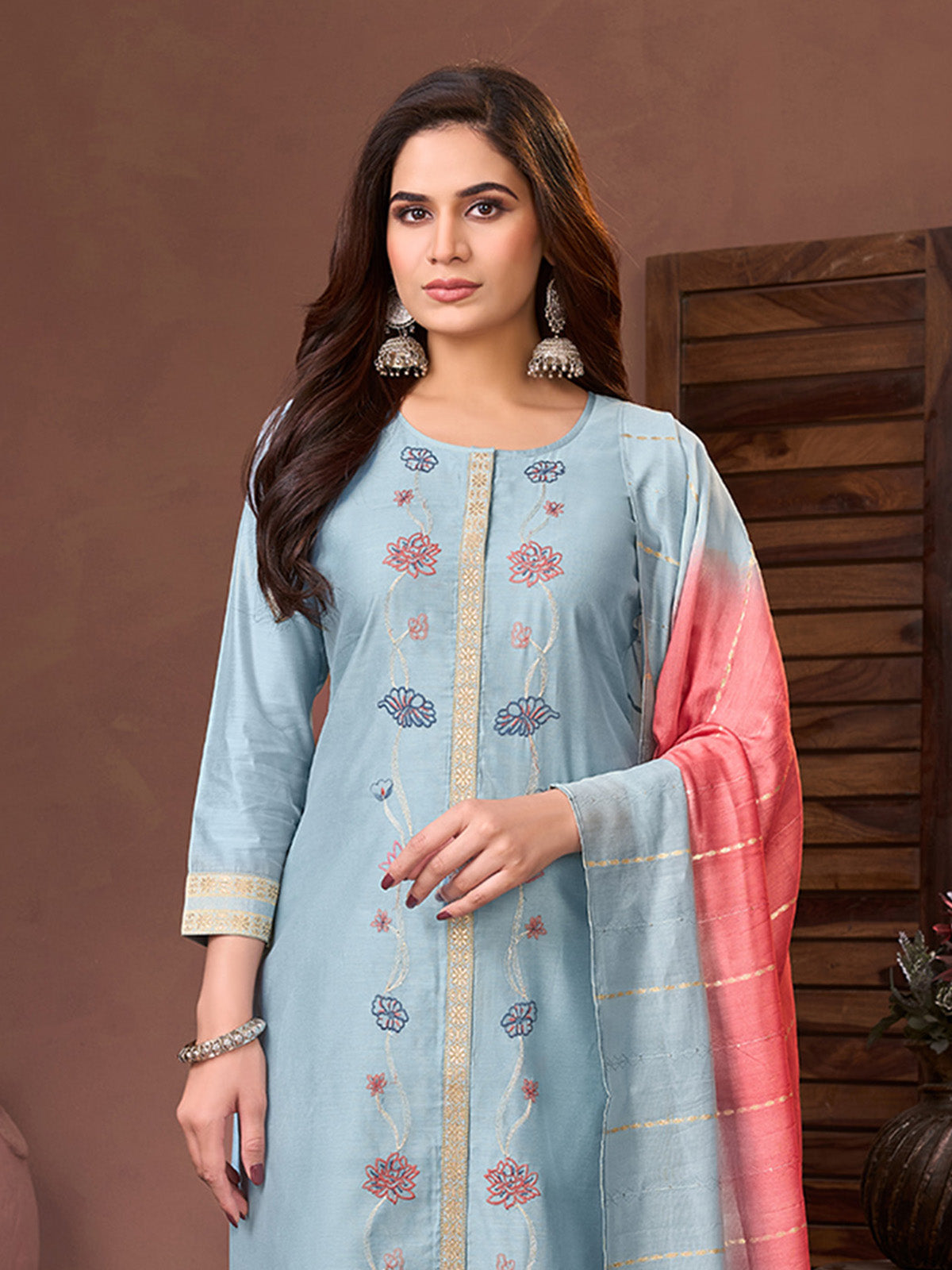 Sky blue silk embroidered festive salwar suit with dupatta