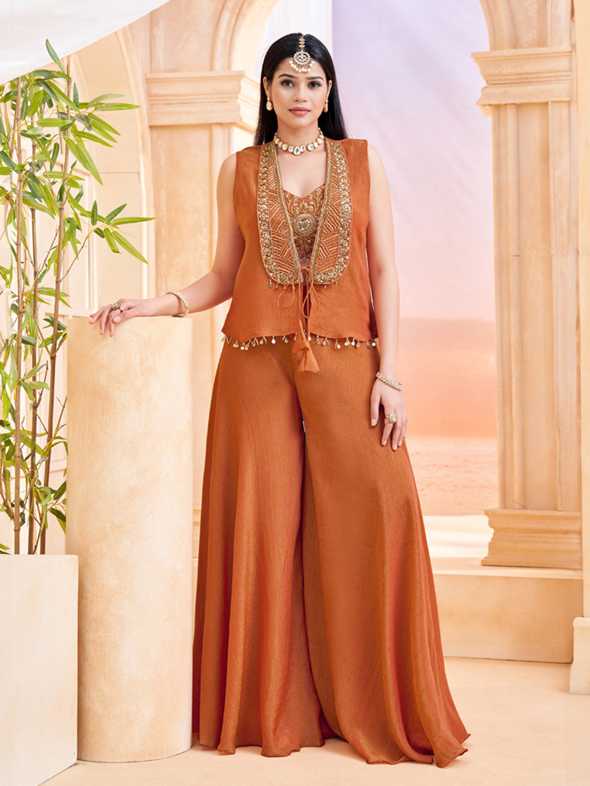 Rust orange chiffon designer jacket style festive palazzo suit