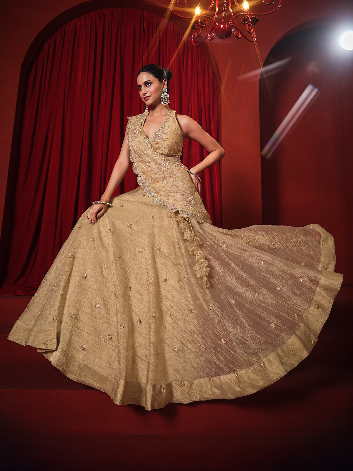 Golden chiffon tissue silk designer lehenga choli