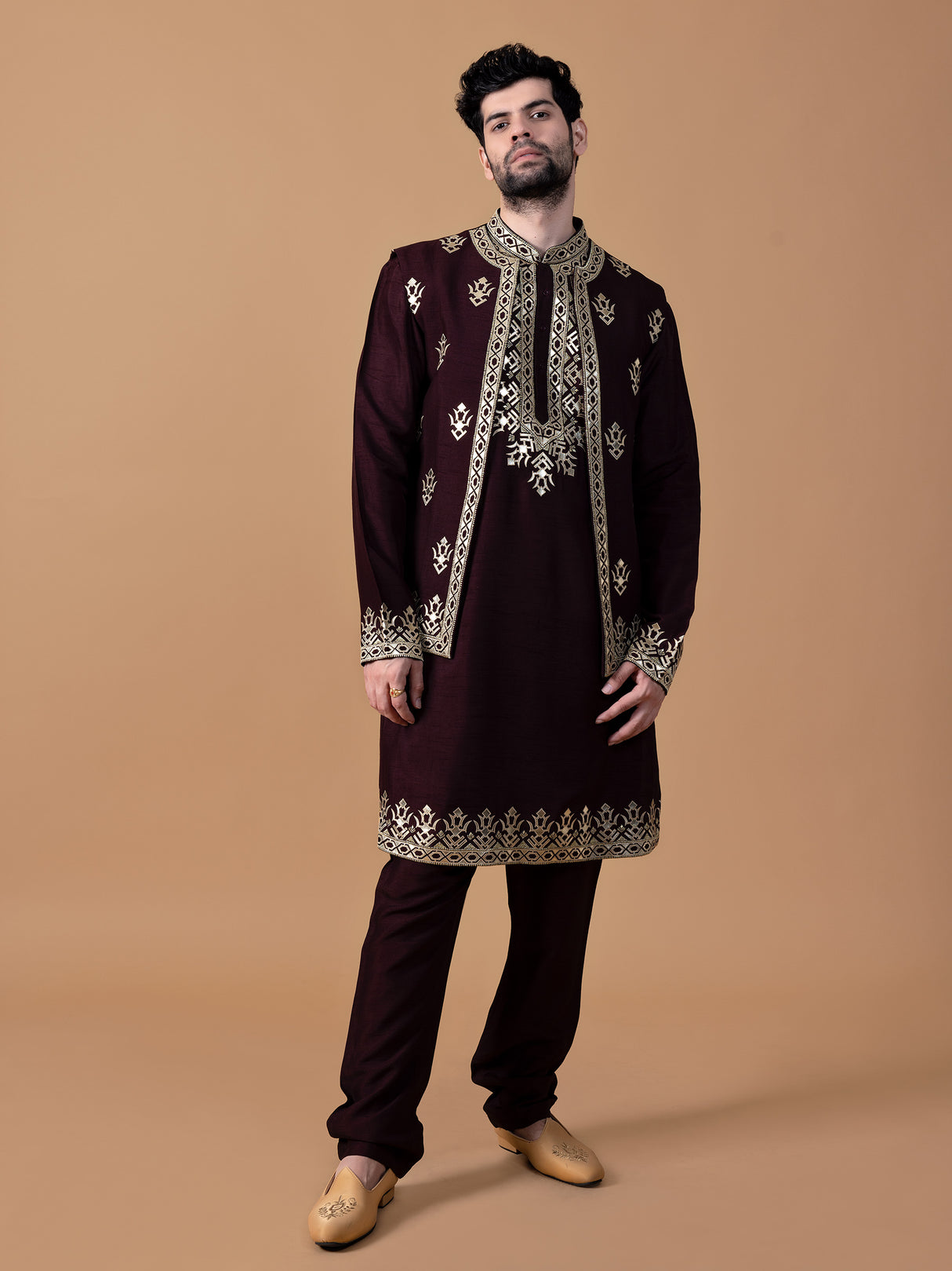 Amazing wine raw silk waistcoat set