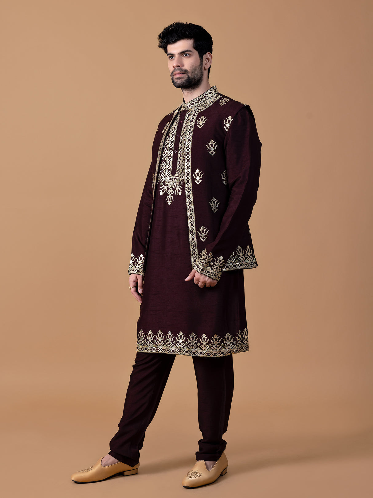 Amazing wine raw silk waistcoat set